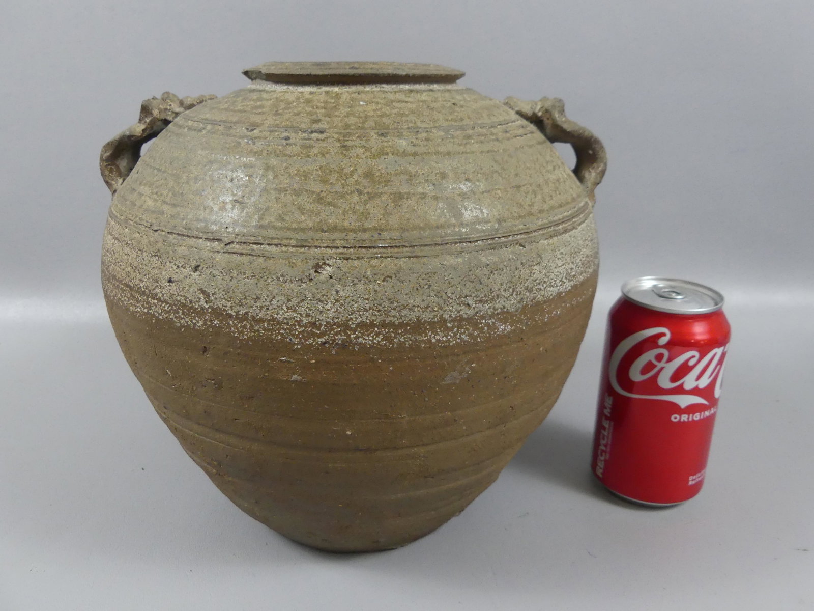 HAN DYNASTY CHINESE JAR: Early Chinese proto-porcelain jar with handles, 9.5 x 10 in wide, circa 100AD. Authentic Han Dynasty - vg cond.