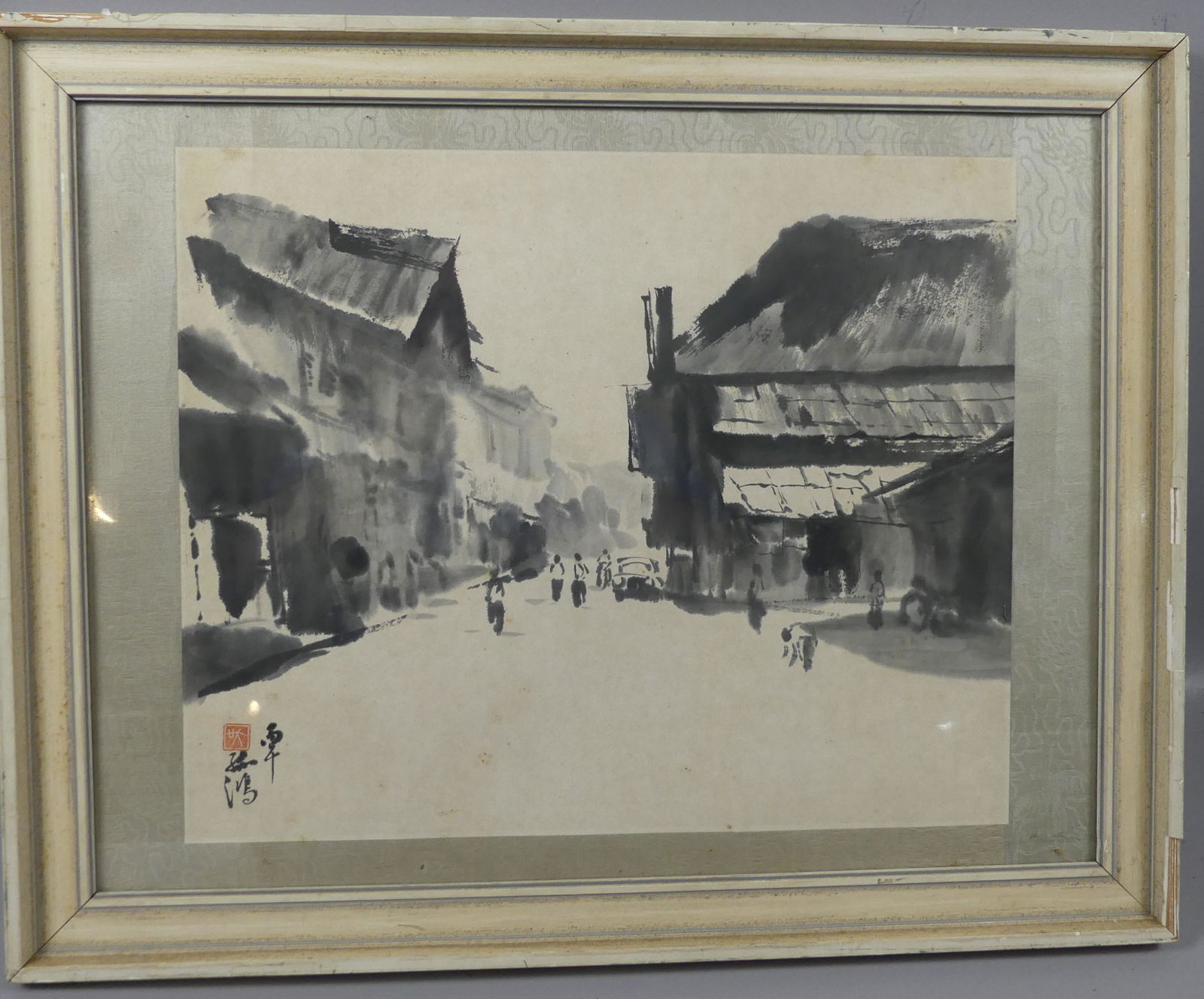 NG KU-HUNG CHINESE STREET SCENE PAINTING: Old Chinese black ink painting of figures in a village titled STREET SCENE signed NG KU-HUNG. Image 14.75 x 18 in, framed 20 x 25 in. Provenance: From the Al and Aiko Hydeman estate. NOTE: Albert Hyde