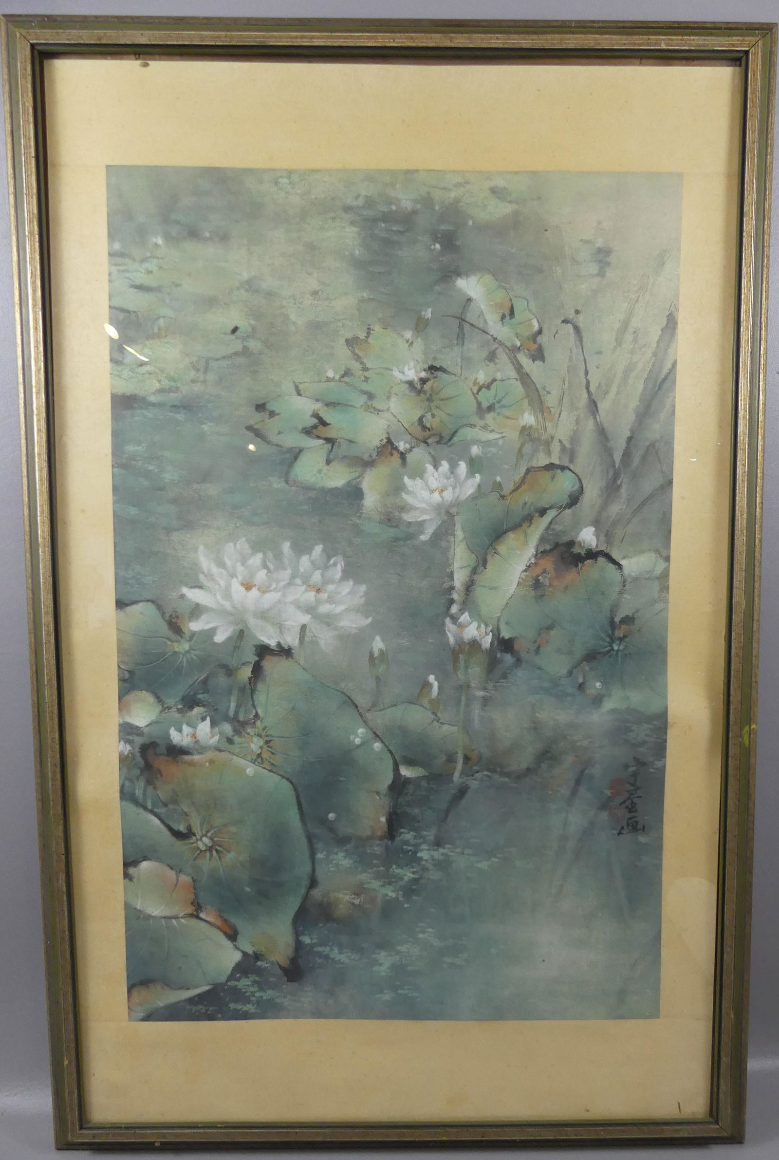 CHINESE PAINTING OF WATER LILLIES: Old Chinese watercolor painting of green and white water lillies on a pond, signed on right side. 32 x 20.5 image, framed 43 x 27.5. Yellowed silk mat. Provenance: From the Al and Aiko Hydeman estate.