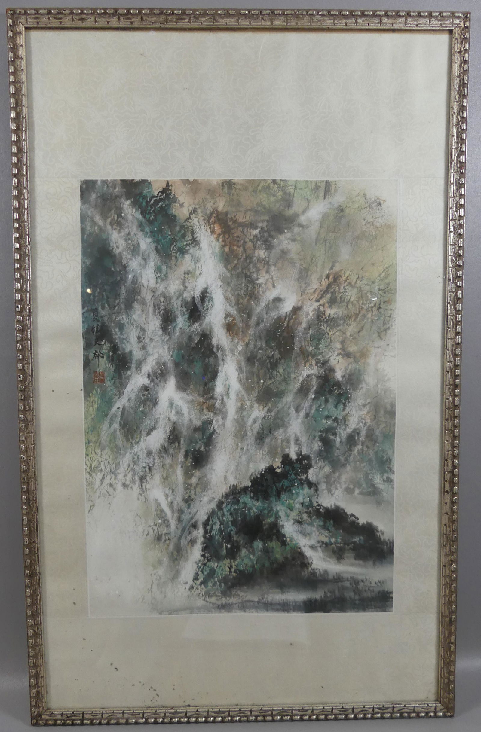 CHINESE PAINTING - MOUNTAIN & RIVERS: Old Chinese painting of an impressionistic mountain landscape with meandering rivers. Signed left side. 23 x 16.5 in, framed 37 x 23. Provenance: From the Al and Aiko Hydeman estate. NOTE: Albert Hyde