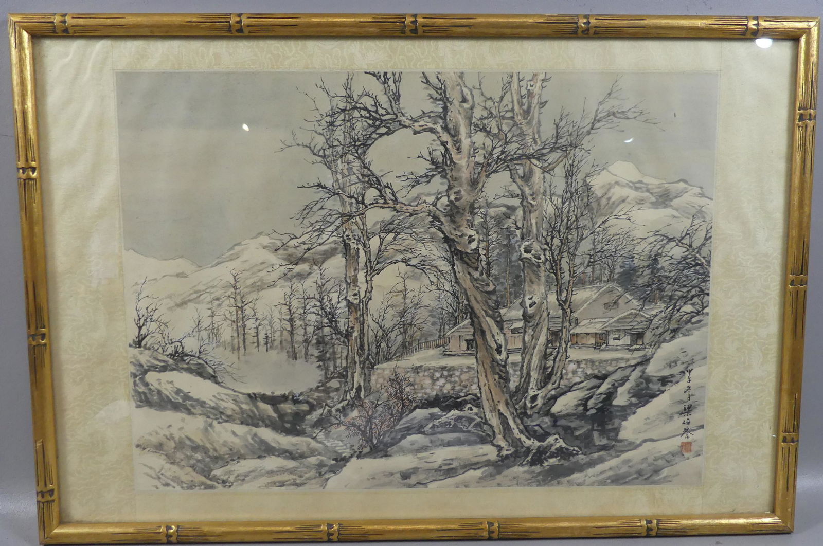CHINESE PAINTING WINTER LANDSCAPE - PAK YUE LEUNG: Old Chinese watercolor painting of a snowy landscape with cabin in mountains, signed lower right, identified verso PAK YUE LEUNG. 15 x 21 in, framed 19 x 28 in. Provenance: From the Al and Aiko Hydema