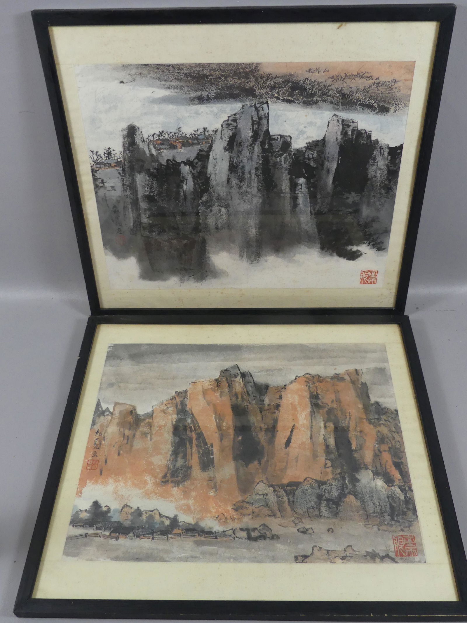 PAIR CHINESE LANDSCAPE PAINTINGS - SIGNED: Pair of old Chinese watercolor landscape paintings, both of rocky cliffs and farms, signed lower right and middle left margin. Each 21 x 23, framed 15.5 x 19 in. Provenance: From the Al and Aiko Hydem