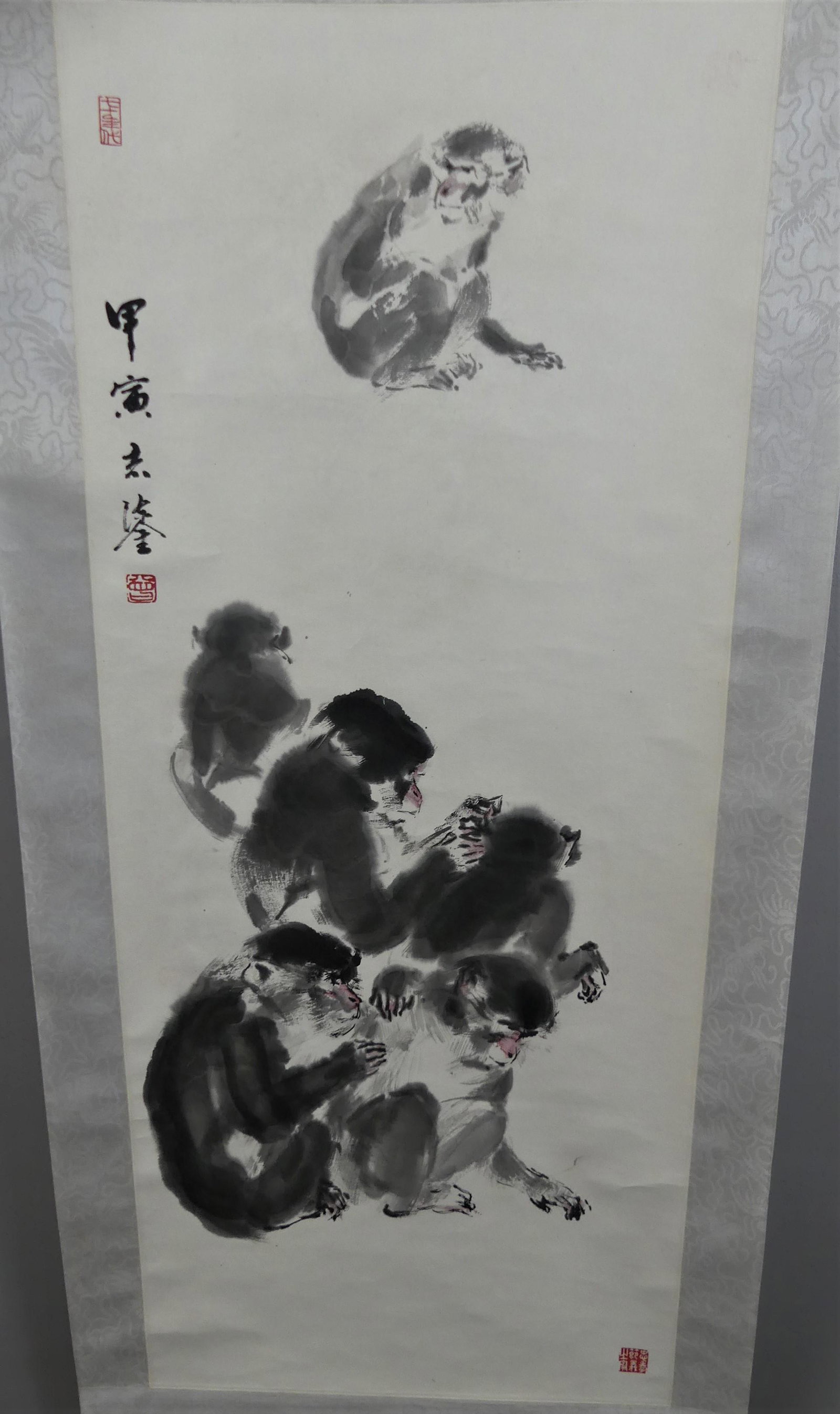 CHINESE SCROLL INK PAINTING OF MONKEYS: Old ink painting scroll with 6 monkeys, signed. 35 x 15 in, overall 69 x 19 in. Provenance: From the Al and Aiko Hydeman estate. NOTE: Albert Hydeman (1899-1992) was a businessman and collector of art