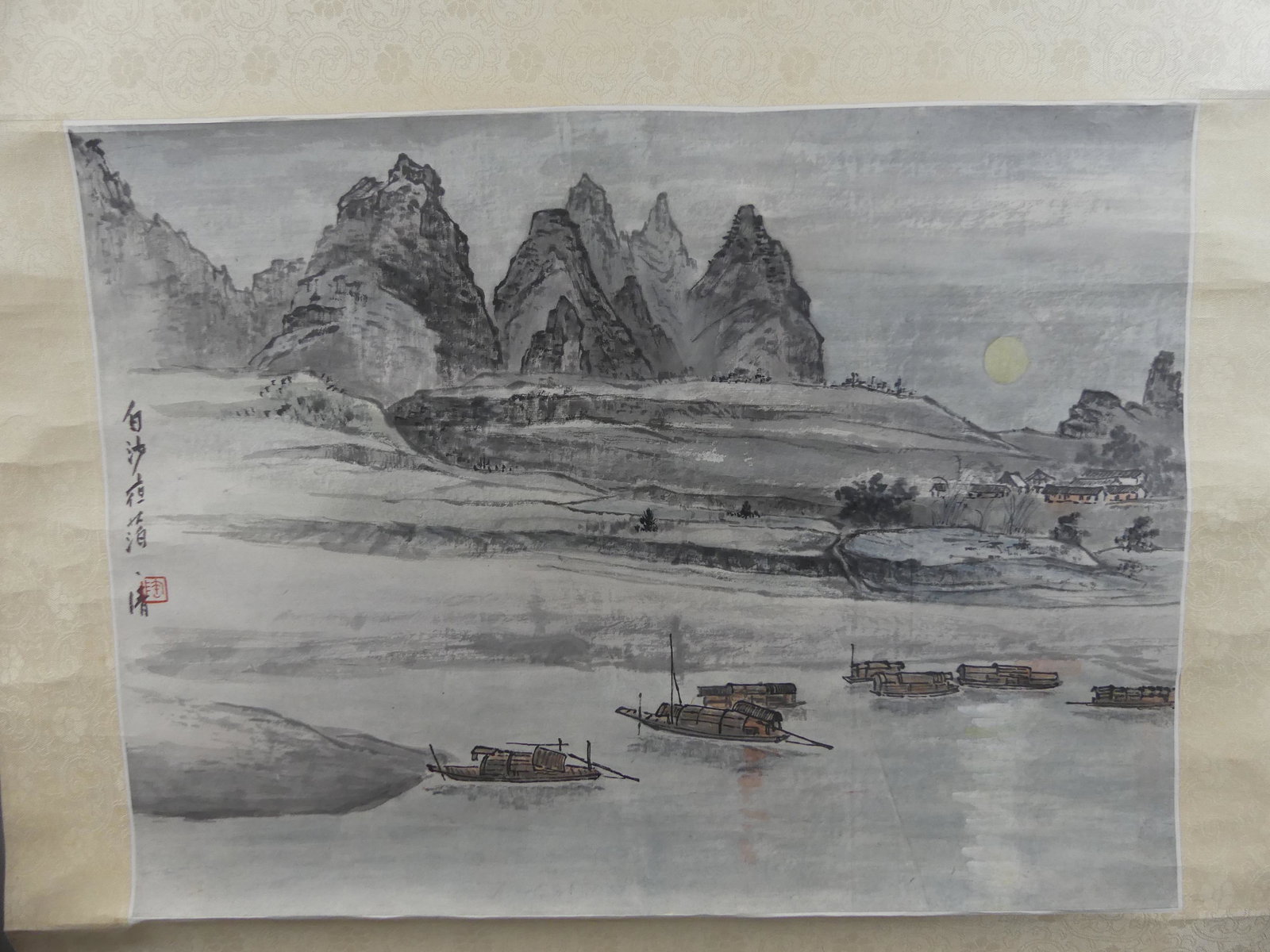 CHINESE SCROLL - SEASCAPE - TAU YI CHING: Old Chinese painted scroll of a seascape with moored boat under moonlight, signed and identified on label TAU YI CHING, PEKING. 18.5 x 13.5 in, overall 59 x 23. Provenance: From the Al and Aiko Hydema