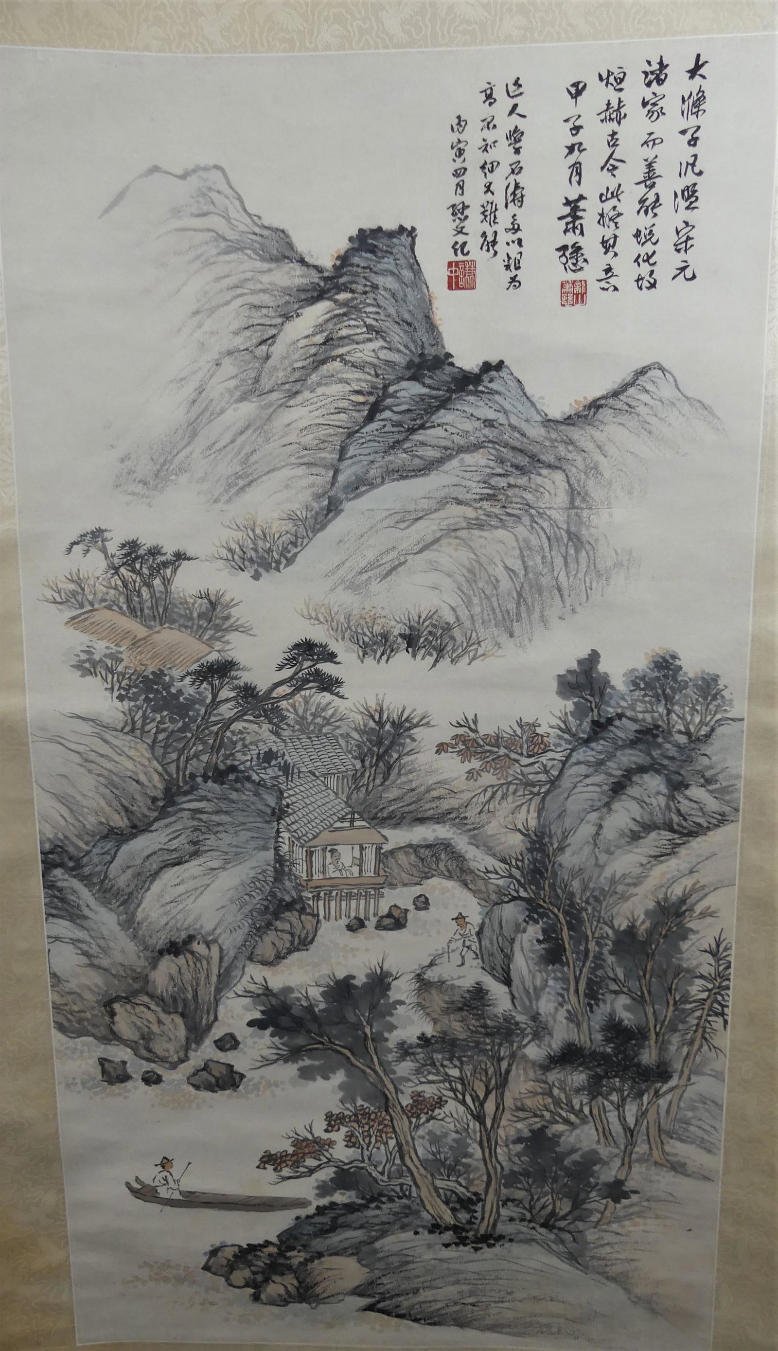 CHINESE SCENIC PAINTED SCROLL - SUI SUN: Old Chinese painted scroll with mountains, lady in cabin, man in boat. Label identification LANDSCAPE by SUI SUN. 39 x 20 in, overall 72 x 25.5 in. Has steer horn rod. Provenance: From the Al and Aiko