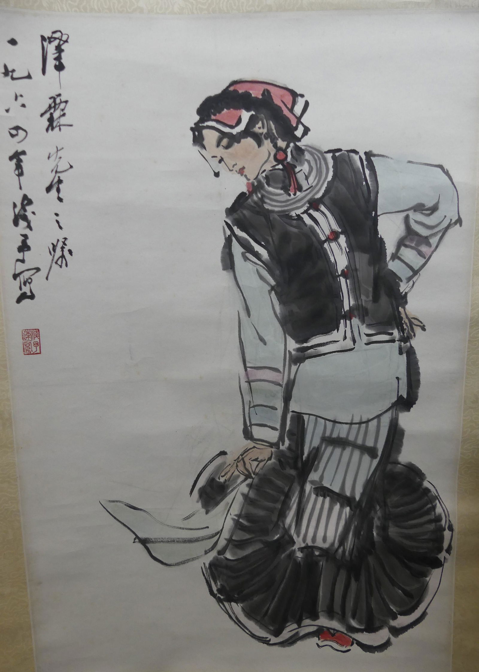 CHINESE PAINTED SCROLL OF DANCER - SIGNED: Old Chinese painted scroll of a female dancer with label CHINESE COSTUME by YEU CHICKA? PU. 27.5 x 18 in, overall 71 x 23 in. Provenance: From the Al and Aiko Hydeman estate. NOTE: Albert Hydeman (189