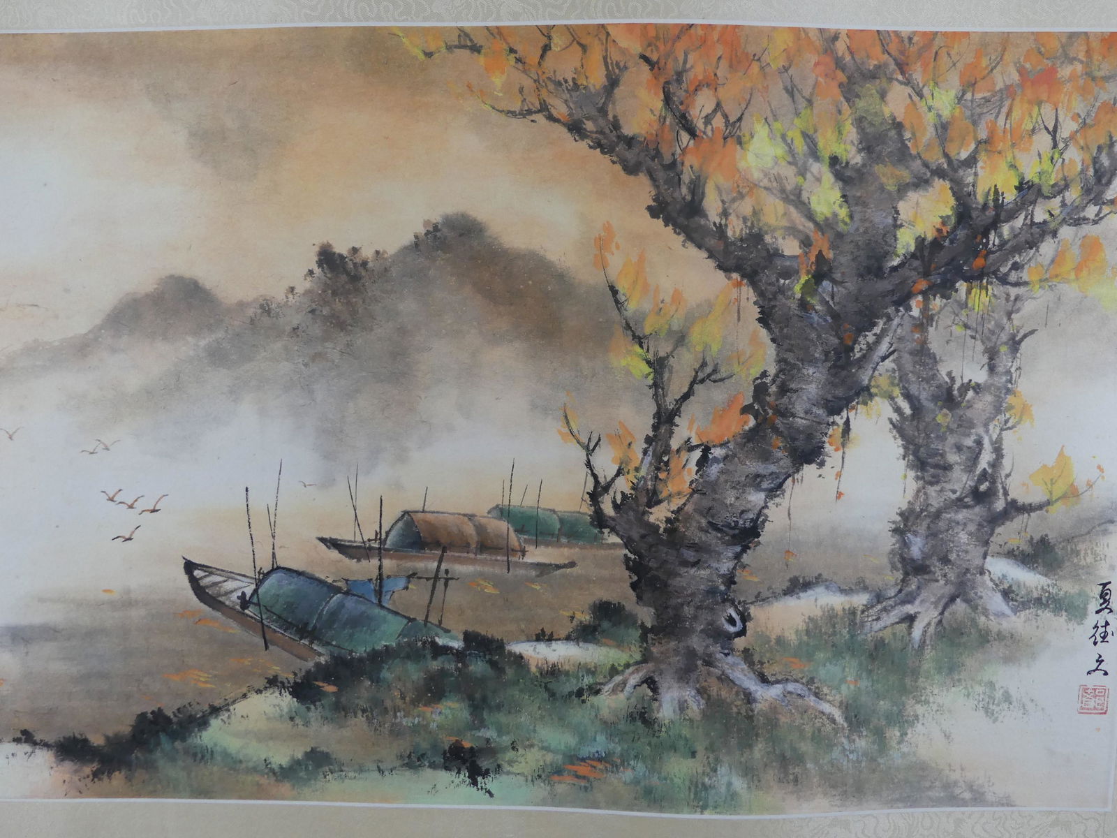 CHINESE PAINTING OF BOATS IN AUTUMN: Old Chinese watercolor painting of an autumn scenic with boats on a lake, signed. 15.5 x 23.5 in, overall 35.5 x 20. Unframed. Provenance: From the Al and Aiko Hydeman estate. NOTE: Albert Hydeman (18