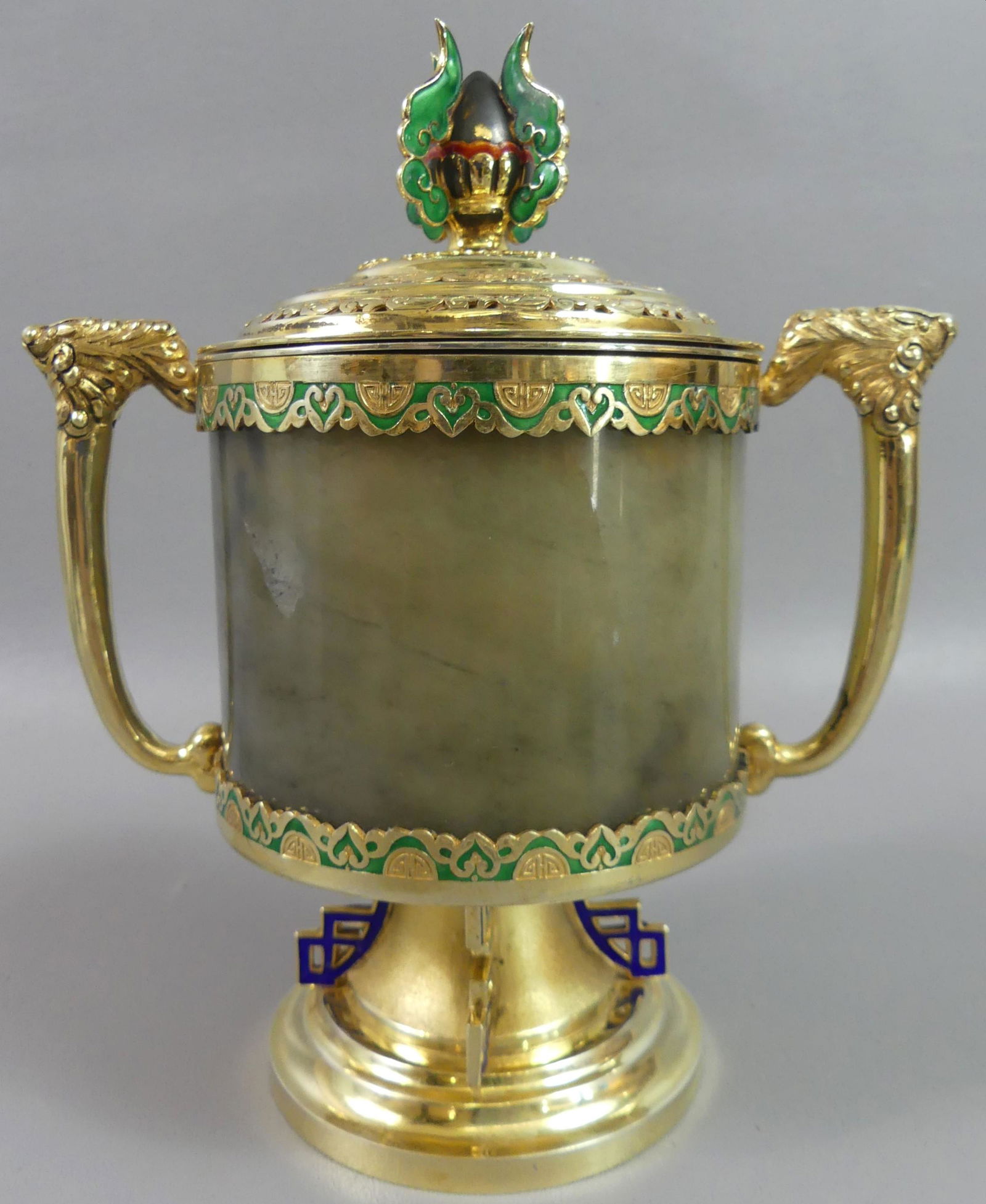 SUPERB CHINESE GILT SILVER &  JADE CENSER (1 of 7)