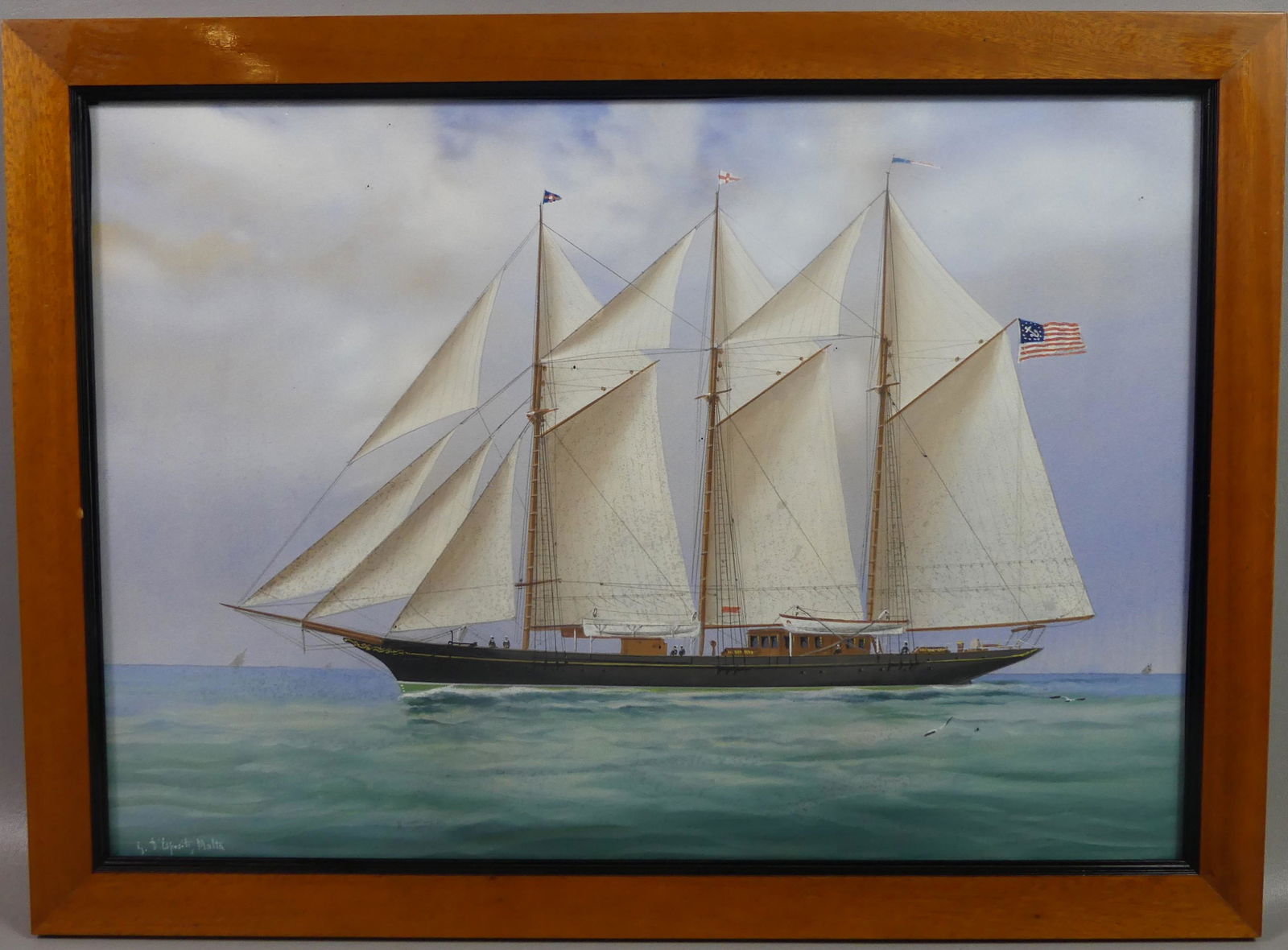 AMERICAN SCHOONER PAINTING - G. ESPOSITO: Antique gouache painting of an American schooner signed G. D'Esposito, Malta. 14.5 x 20.5 in, framed 17.5 x 23.5 in. (Gaetano Esposito, Italian marine painter 1858-1911)