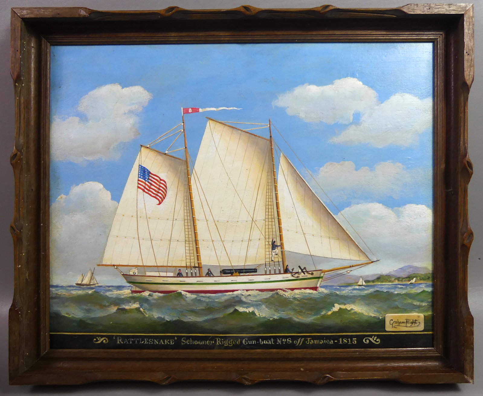 GRAHAM FLIGHT SCHOONER PAINTING: Vintage oil painting on wood panel of a ship titled RATTLESNAKE SCHOONER RIGGED GUN-BOAT NO. 8 OFF JAMAICA 1815. Signed LR with raised bone plaque GRAHAM FLIGHT. 16 x 20 inches. (Graham Flight b. 1944