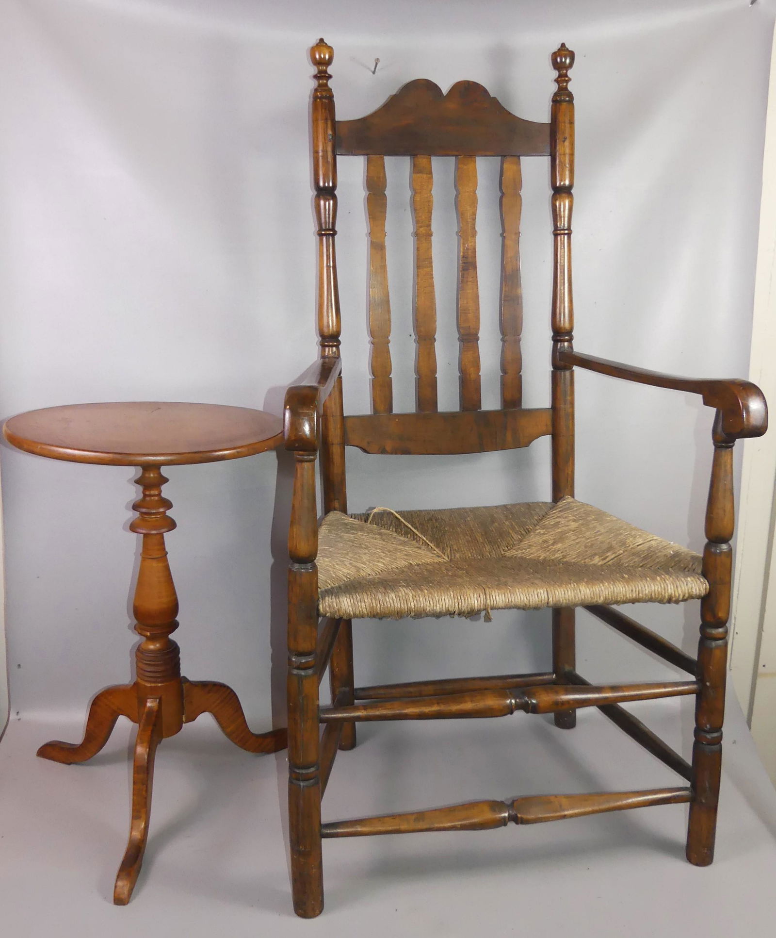 EARLY BANNISTER CHAIR & CANDLESTAND (1 of 7)