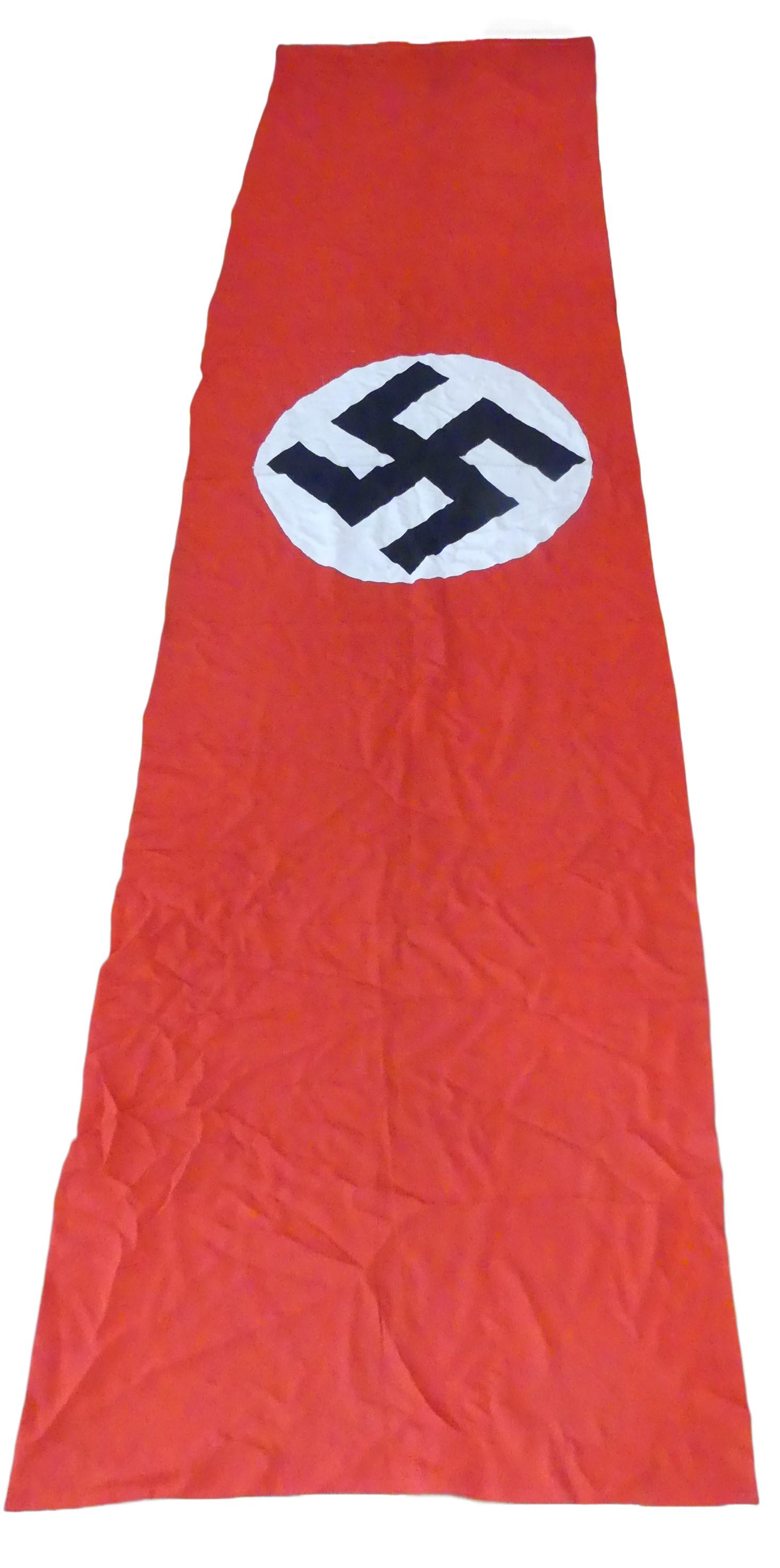 GERMAN WWII STATE BANNER FLAG: A large German WWII NS banner flag with Reich symbol, 11 ft 6 in long and 3 ft wide. VG condition.