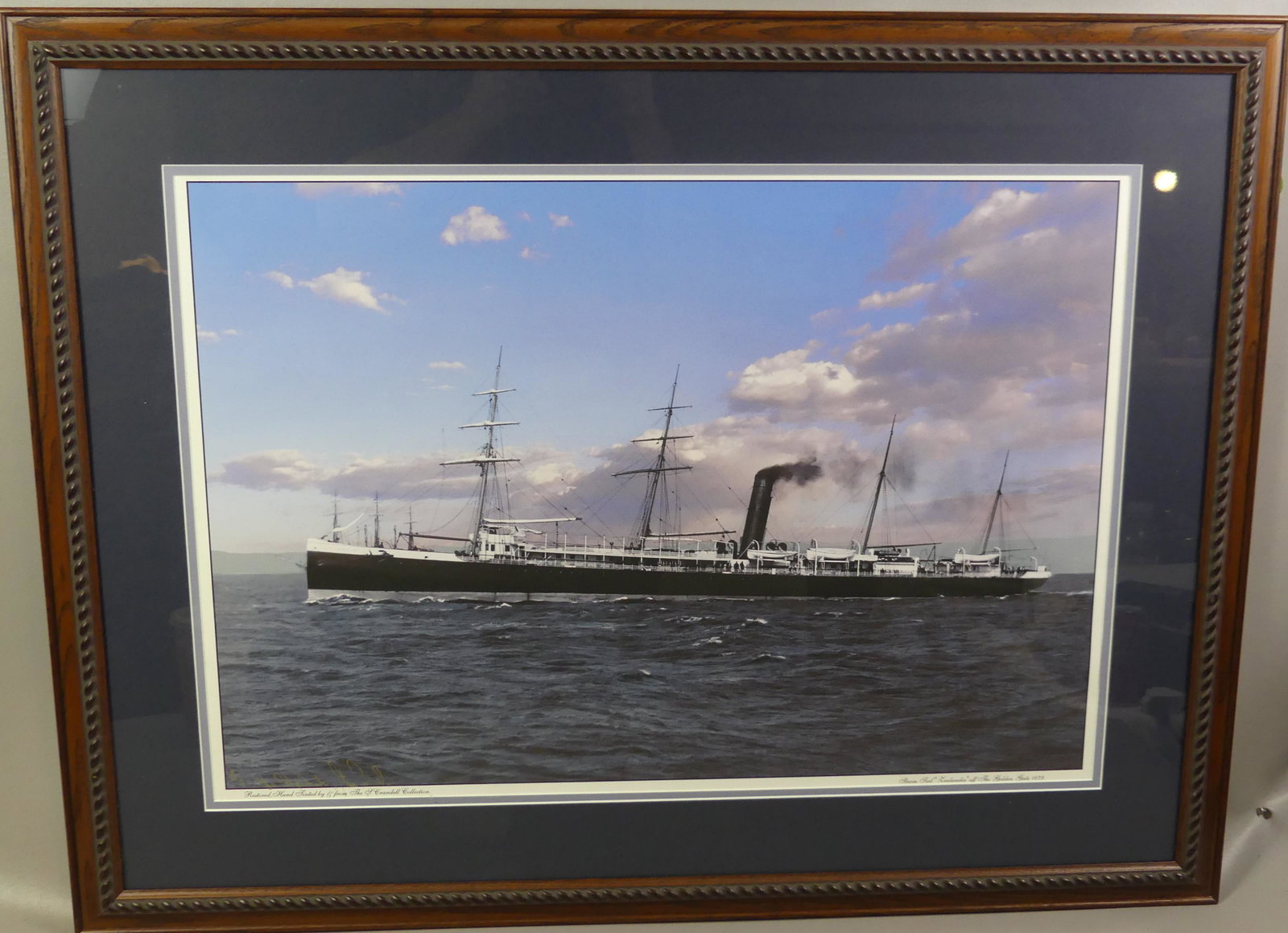 PHOTO LEALANDIA SHIP 1879: Modern hand tinted photograph of the steam/sail ship LEALANDIA off Golden Gate Bridge 1879. Artist proof 1/1, hand signed by Steve Crandell from the S. Crandell Collection. 19 x 28 image, framed 29 x 