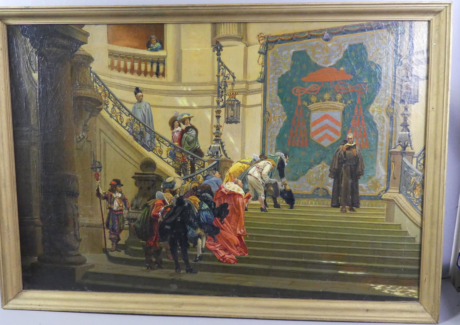 AFTER JL GEROME - GENRE PAINTING: Oil painting on canvas after Jean-Leon Gerome THE GREY EMINENCE done in 1873. It depicts a Capuchin monk descending a large stairway while a group of nobles bow in homage. 28 x 42 inches, framed 31 x