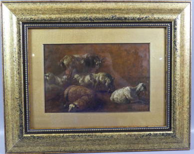 ATTR. ROSA BONHEUR SHEEP PAINTING: 19th century oil painting (under glass) of a cluster of sheep attributed to Rosa Bonheur (unsigned). 8.5 x 13.5 in, framed 19.5 x 24 in. (Rosa Marie (Rosalie) Bonheur 1822 - 1899 was active/lived in U