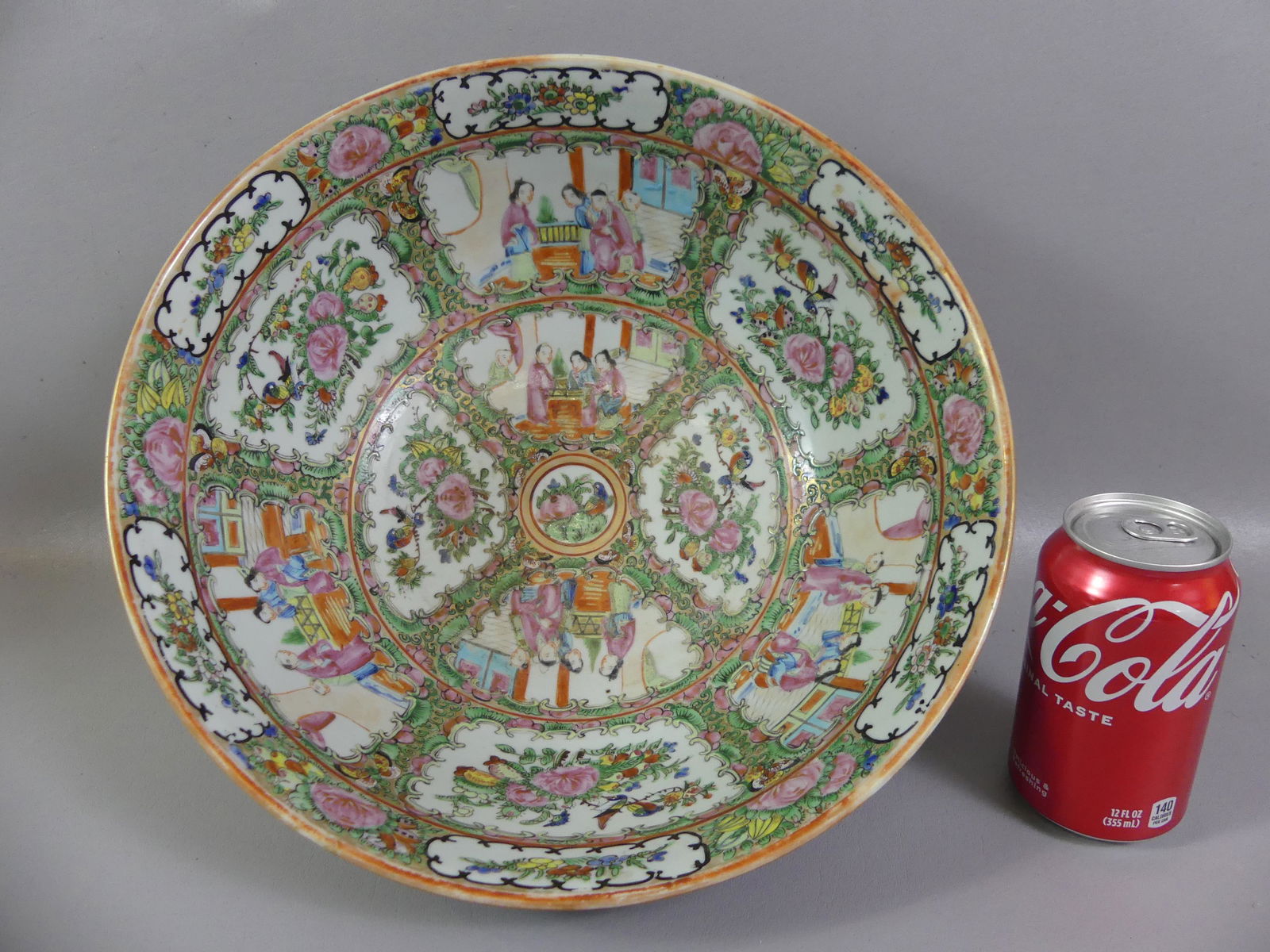 ANTIQUE CHINESE ROSE MEDALLION PUNCHBOWL: 19th century Chinese Export Rose Medallion punchbowl signed Made in China circa 1900. 13 in dia by 5.5 in deep. VG condition.