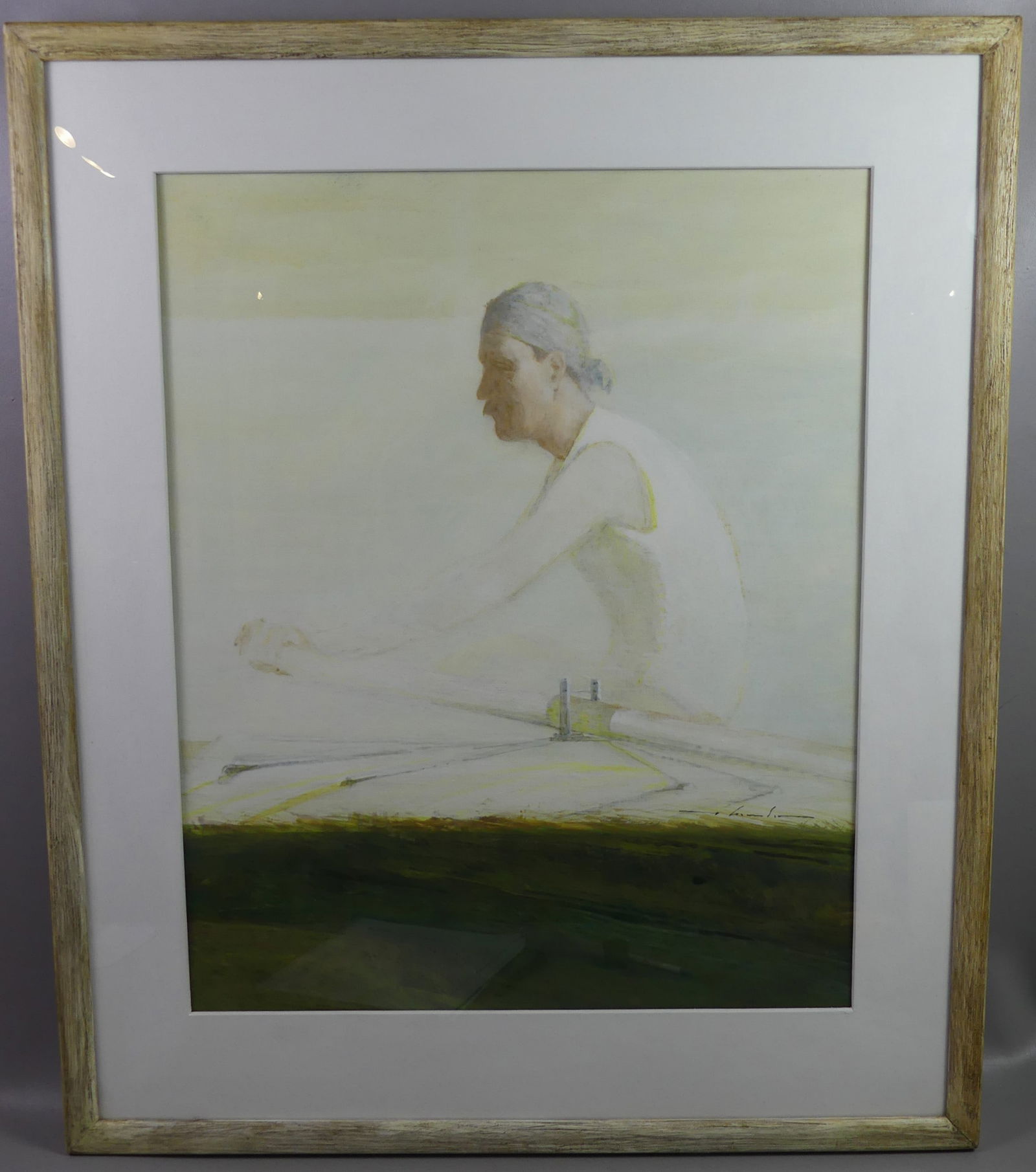 WM D. THOMSON PAINTING - ROWER AFTER EAKINS: Mixed media painting inspired by Thomas Eakins work - JOHN BIGLIN IN A SINGLE SCULL. This depicts his brother Barney rowing, and titled by the artist - Search for Barney Biglin, from The Wind Series.