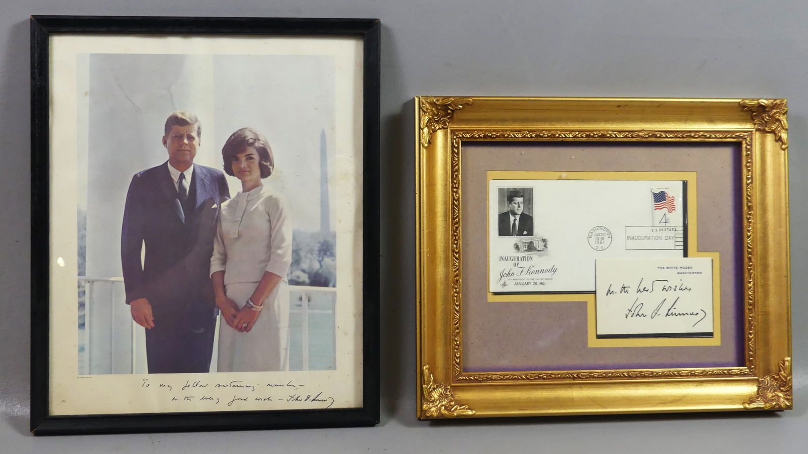 2 JOHN F. KENNEDY AUTOGRAPHED ITEMS: Lot 2 original JFK signatures: Framed color photo of John and Jackie signed lower margin, 13 x 10.5 inches; and framed First Day Cover of his inauguration in 1961 with a White House signed card, 10 x