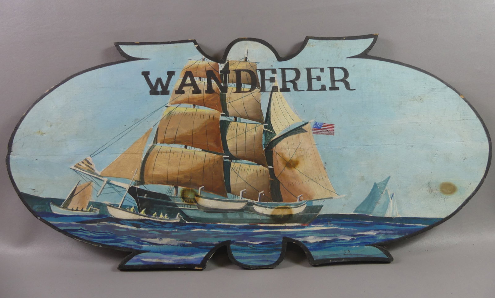 WOODEN SHIP PLAQUE - THE WANDERER: Old hand painted wood ship plaque depicting the WANDERER tall ship, initialed ED. 34 x 16 in.