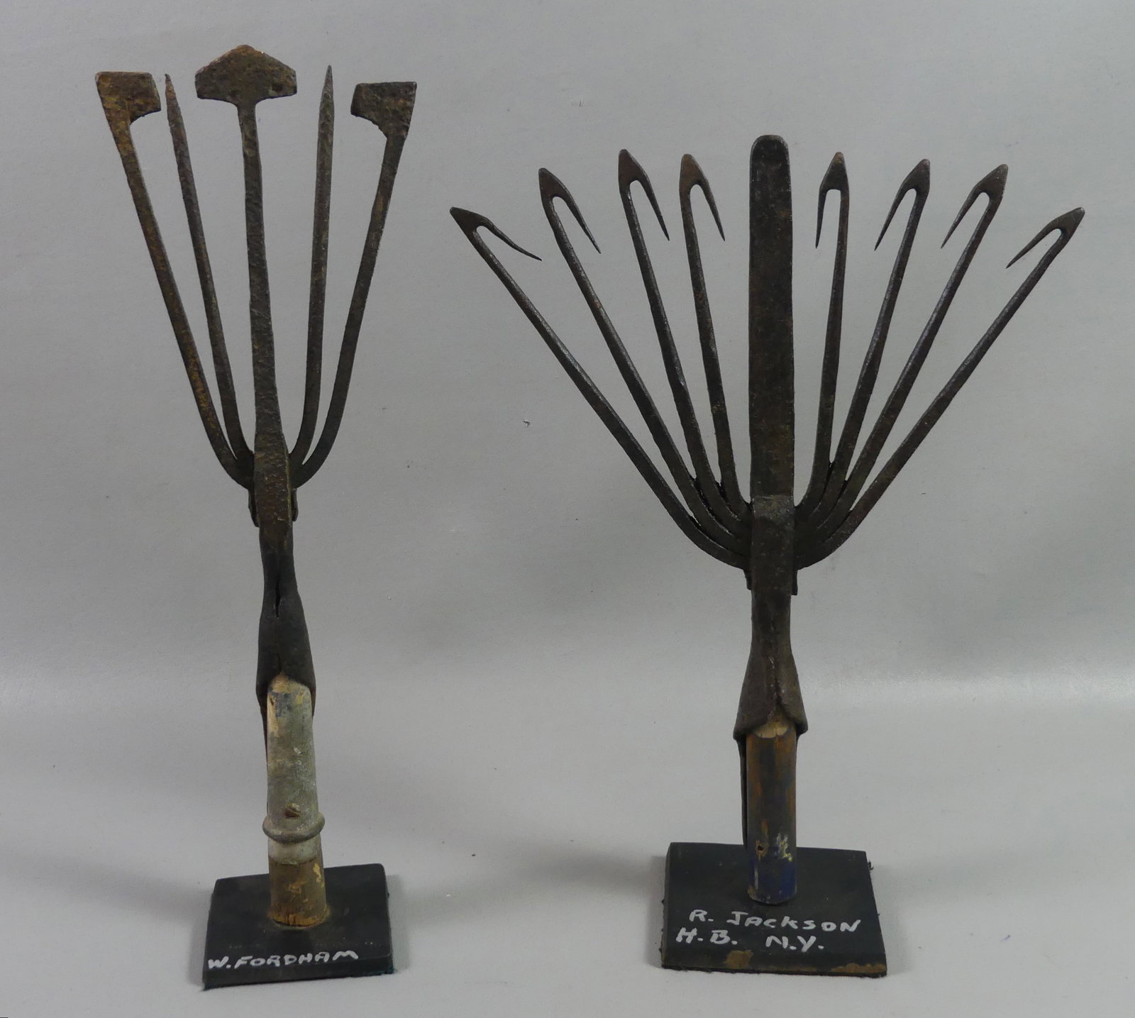 2 EEL RAKES - FORDHAM & JACKSON: Lot of 2 antique iron eel rakes - 8 tine signed W. Fordham (NY) 16 in; and R. Jackson HB NY, 15 in tall.