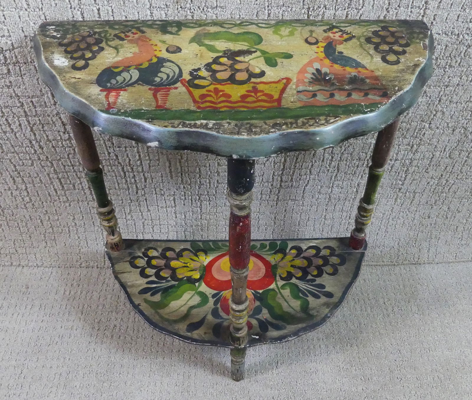 PETER HUNT PAINTED SMALL TABLE 1947: Old wooden demi-lune table with Dutch style paint decoration with 2 figures by Peter Hunt, dated 1947. 20.5 x 10 in, 24 in tall.