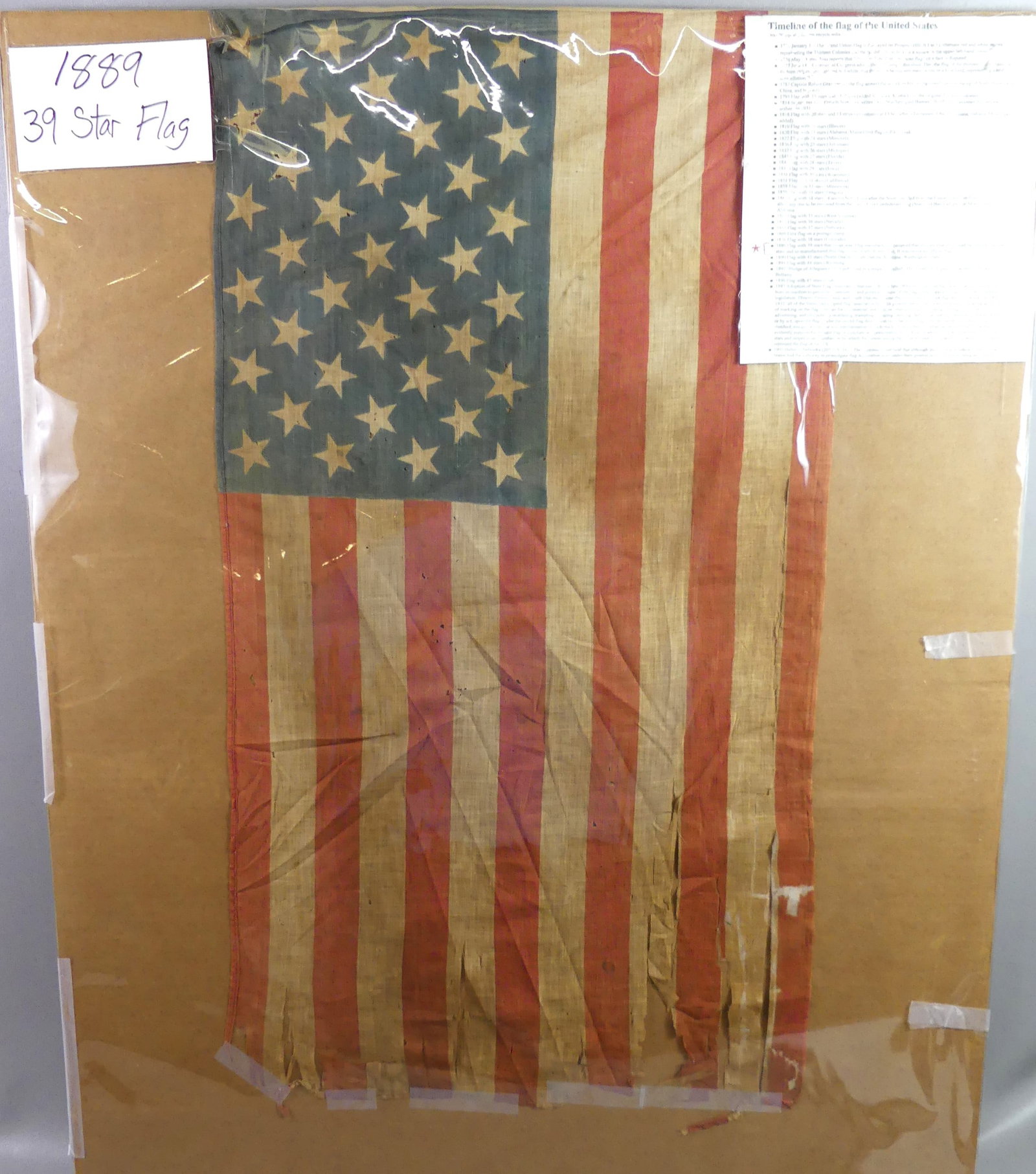 RARE 1889 AMERICAN 39 STAR FLAG: Rare 1889 American 39 star flag. It was never an official flag - some manufacturers jumped the gun assuming each Dakota State would have their own star for entry in the Union, but the gov't opted to a