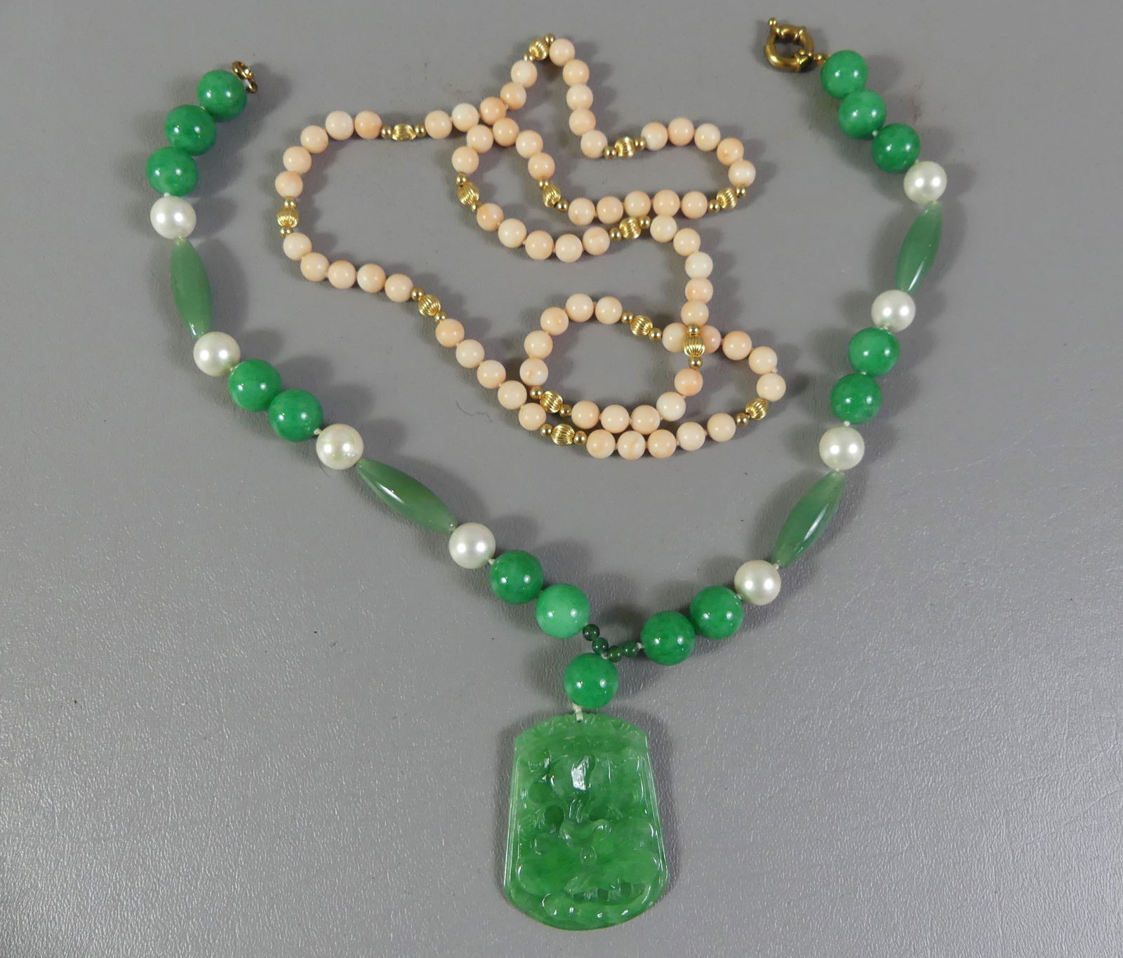 2 NECKLACES: CHINESE JADE & 14K GOLD & CORAL (1 of 2)