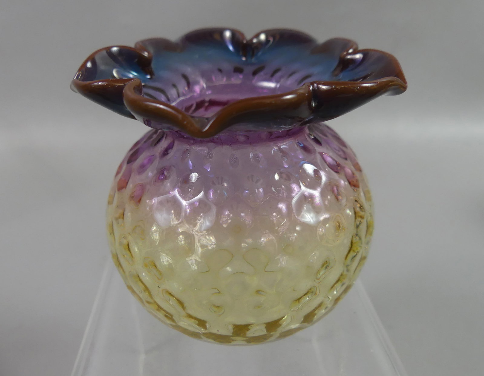 WEBB ALEXANDRITE ART GLASS TOOTHPICK: Rare Thomas Webb art glass toothpick holder in Alexandrite with ruffled rim and honeycomb surface in shape of a miniature rose bowl. Strong colors - blue/brown blending to amethyst and yellow. 2.5 by