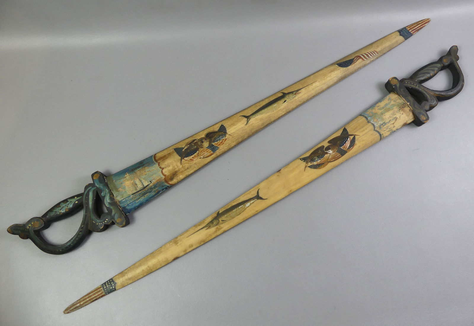 Pair Swordfish Bill Folk Art Swords Auction