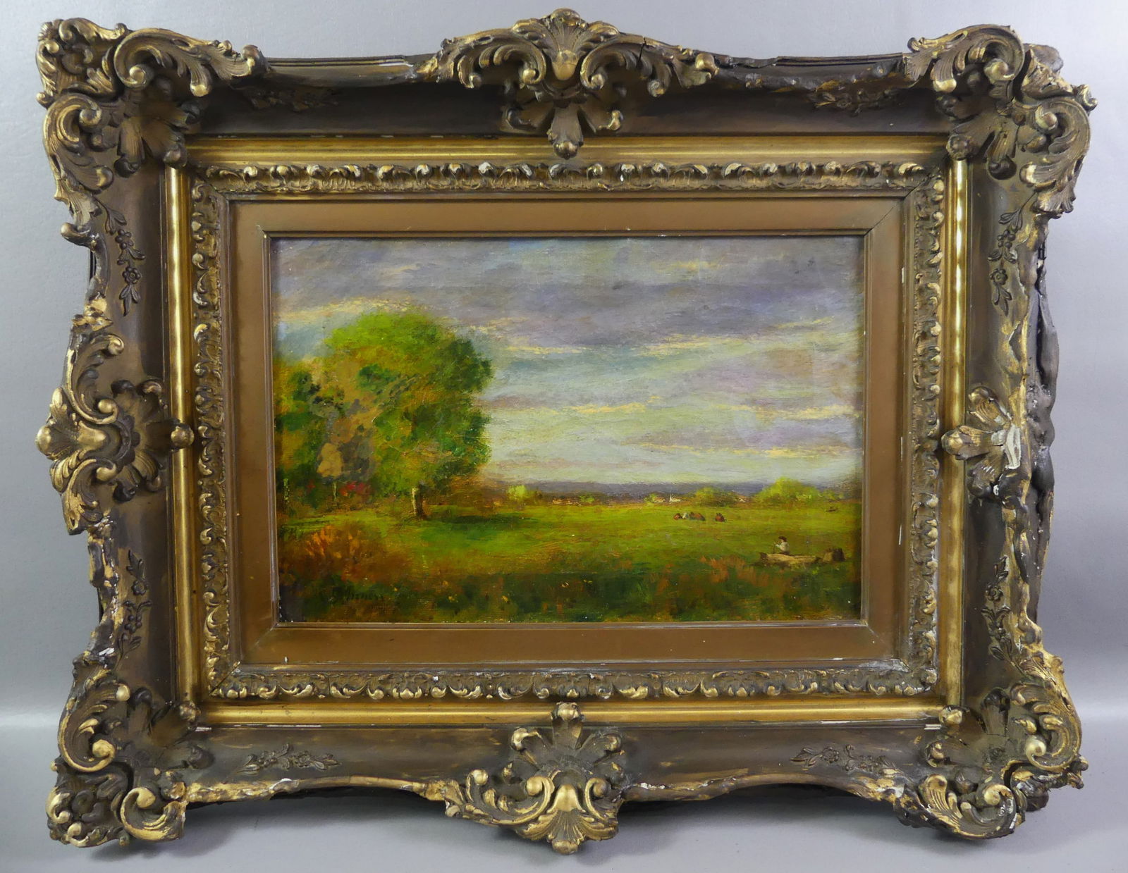 GEORGE INNESS LANDSCAPE PAINTING: 19th century oil painting on canvas of a summer landscape with figures signed G. INNESS. 12 x 18, framed 22 x 28 in. Has some scattered restoration. (George Inness 1825 - 1894 was active/lived in New