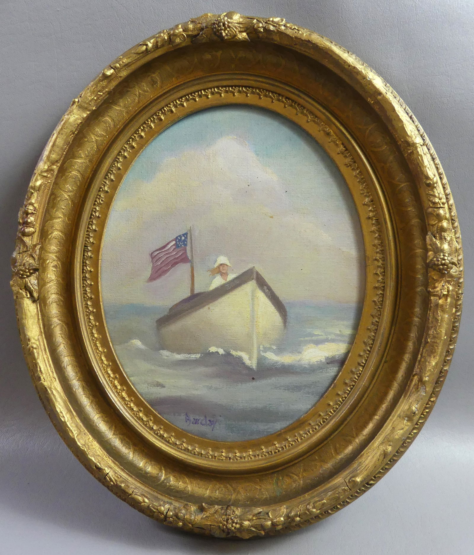 SEASCAPE PAINTING - GIRL IN BOAT SIGNED BARCLAY (1 of 3)