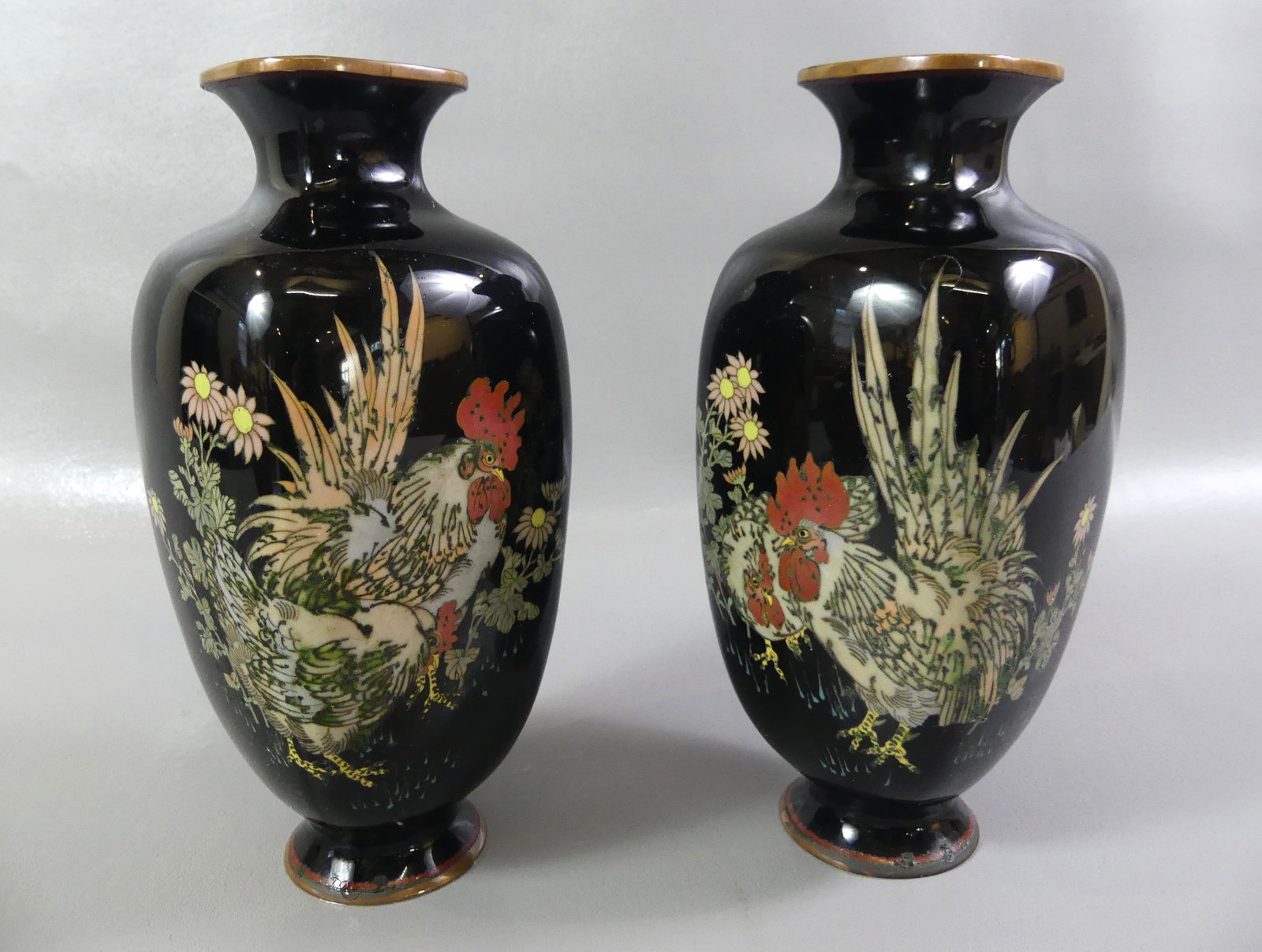 PAIR JAPANESE CLOISONNE ROOSTER VASES (1 of 3)