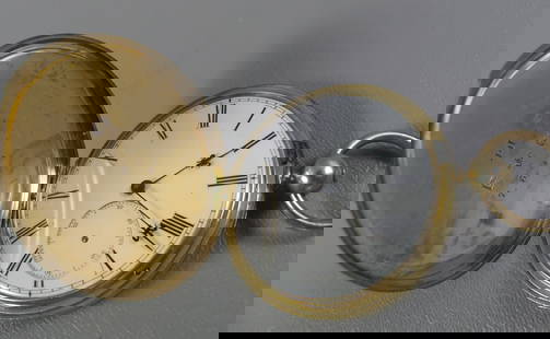 14K PERRET & MULLER POCKET WATCH: Antique hunter case 14k pocket watch signed Perret and Muller, Geneve, Patent lever, fully jeweled. Case is 1.9 in (48.25mm) diameter, dial missing second hand. 51 dwt.