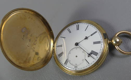 14K PERRET & MULLER POCKET WATCH: Antique hunter case 14k pocket watch signed Perret and Muller, Geneve, Patent lever, fully jeweled. Case is 1.9 in (48.25mm) diameter, dial missing second hand. 51 dwt.