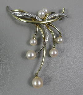 MAXIM 14K & GEMSTONE BROOCH: 14k gold brooch set with tiny diamonds and real pearls signed Maxim, 2 x 2.25 inches, weighs 7.4 dwt.