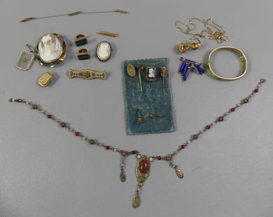 LOT VICTORIAN GOLD JEWELRY: Lot mostly Victorian gold jewelry: Four 14k gold (tested) items (upper right) including cuff bracelet (12.5 dwt not incudking lapis brooch); 10k pieces including 2 inch framed cameo, bar pin, etc.