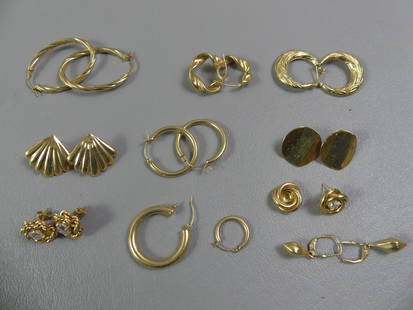 LOT 14K GOLD EARRINGS: Lot of 9 pairs of 14k gold earrings and couple odd ones. Total 13.8 dwt.