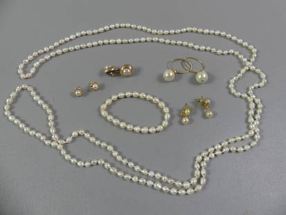 14K GOLD & PEARL LOT: 14k gold mouonted pearl lot including 4 pairs of earrings to 1.75 in long; 64 inch necklace; bracelet.