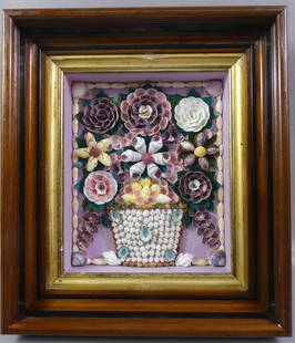 BASKET OF FLOWERS SEASHELL VALENTINE: Old seashell valentine depicting a basket of flowers, in Victorian walnut frame (missing glass). Size: 16.5 x 14.5 inches.