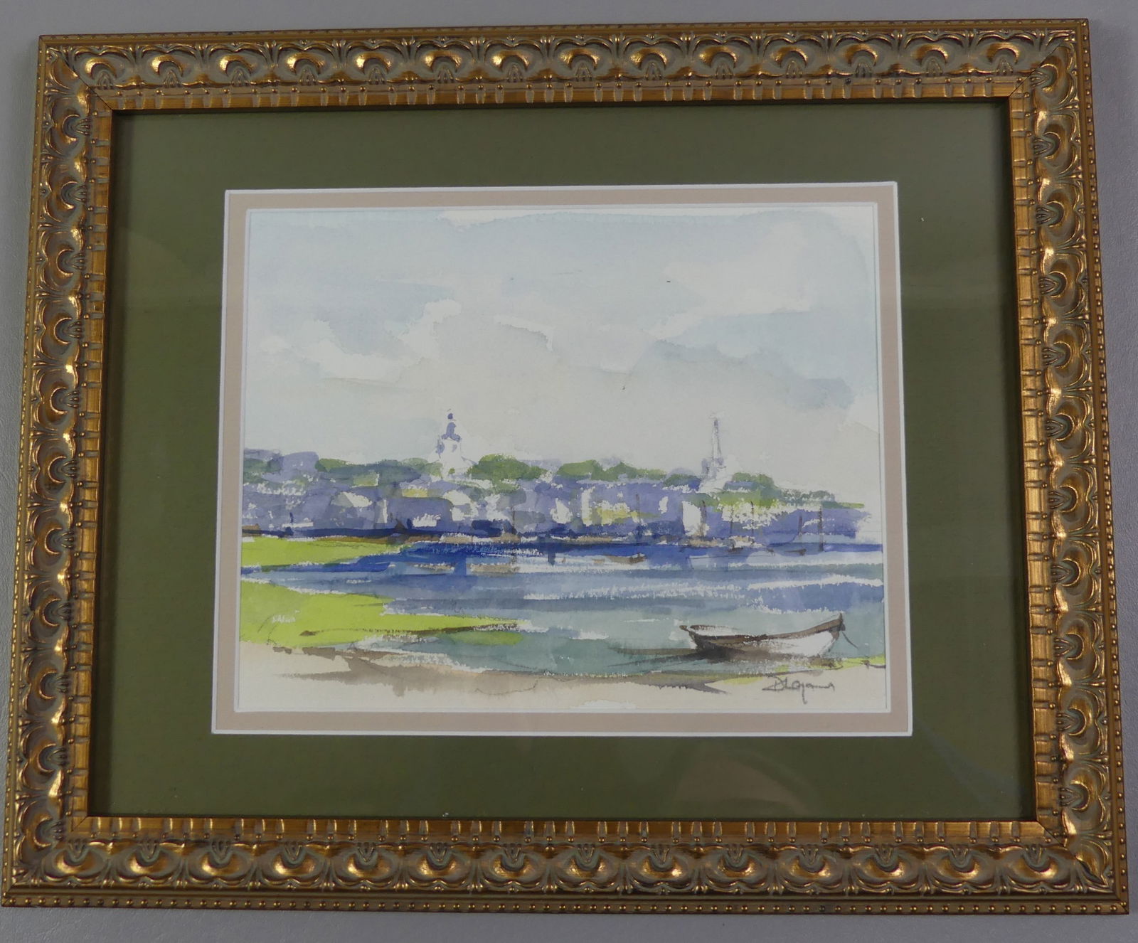 DAVID LAZARUS NANTUCKET PAINTING: Watercolor painting of Nantucket harbor signed D. Lazarus, 7.5 x 9.5 in, framed 13 x 16 in. (American/British artist David Lazarus b. 1952 known for Nantucket scenes).