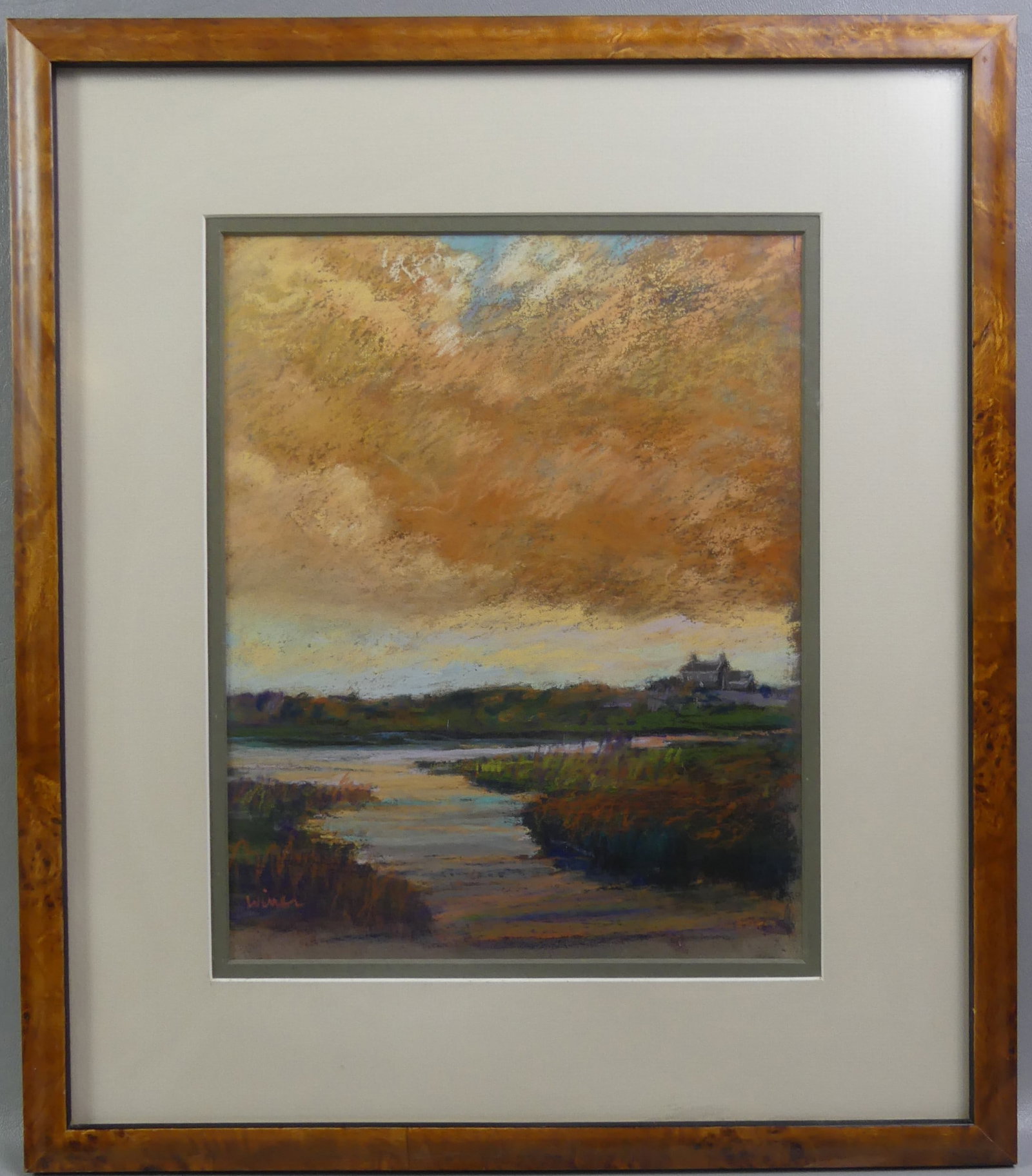 M. WINER NANTUCKET SUNSET PAINTING: Pastel sunset landscape over a marsh signed Winer and titled verso End of a Nantucket Day 1974 (Marc Sebastian Winer). 11.5 x 9 in, framed 18.5 x 16 in.