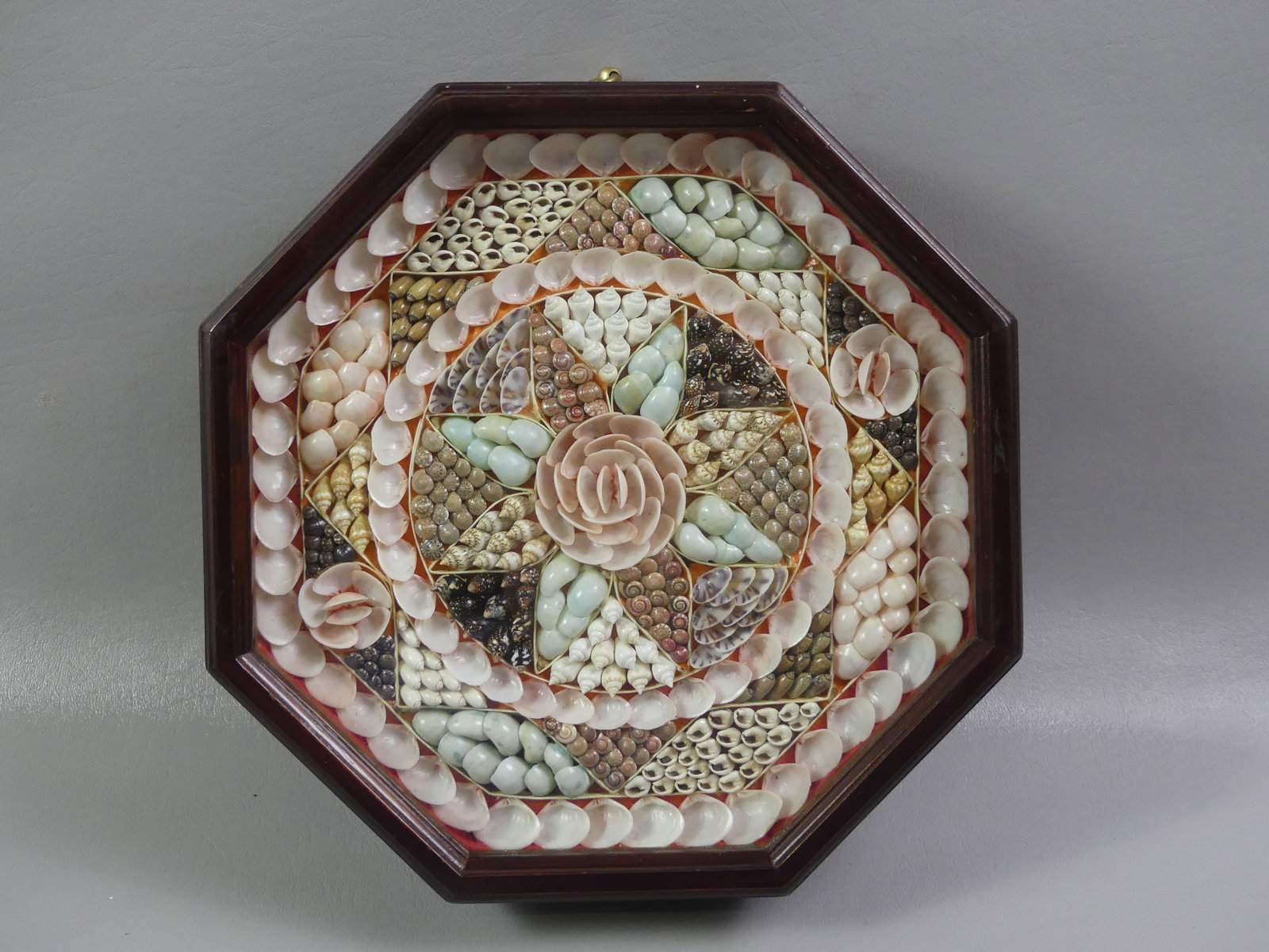 OCTAGONAL SEASHELL VALENTINE: Old seashell valentine with star in center, dark wood case, 10 in diameter.