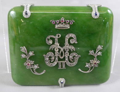 FABERGE CZAR NICHOLAS II JADE & 14K CASE W/DIAMONDS