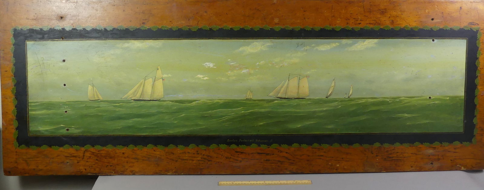 66 INCH NAUTICAL PAINTED TABLE TOP: Large antique pine table top / over mantel wall plaque with painted yacht race? scene with 8 sailboats signed Benton Porterfield Bohannon Jr. 66 in by 24 in wide. Has 11 scatterered screw holes.