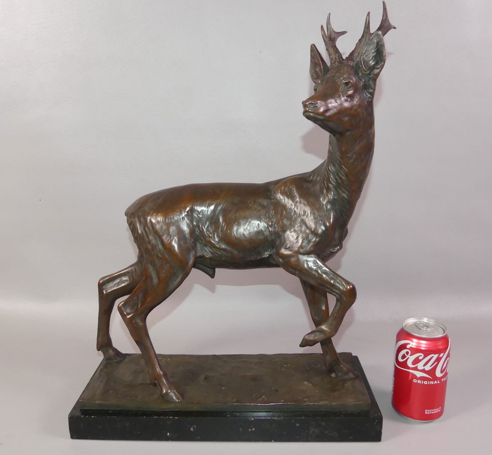 GERMAN BRONZE OF A DEER - F. DILLER: Antique bronze sculpture of a roebuck deer, mounted on marble base. Signed F. Diller. 20 x 15 x 6 in. Good overall condition with a scrape on his back. (Fritz Diller, German 1875-1946)