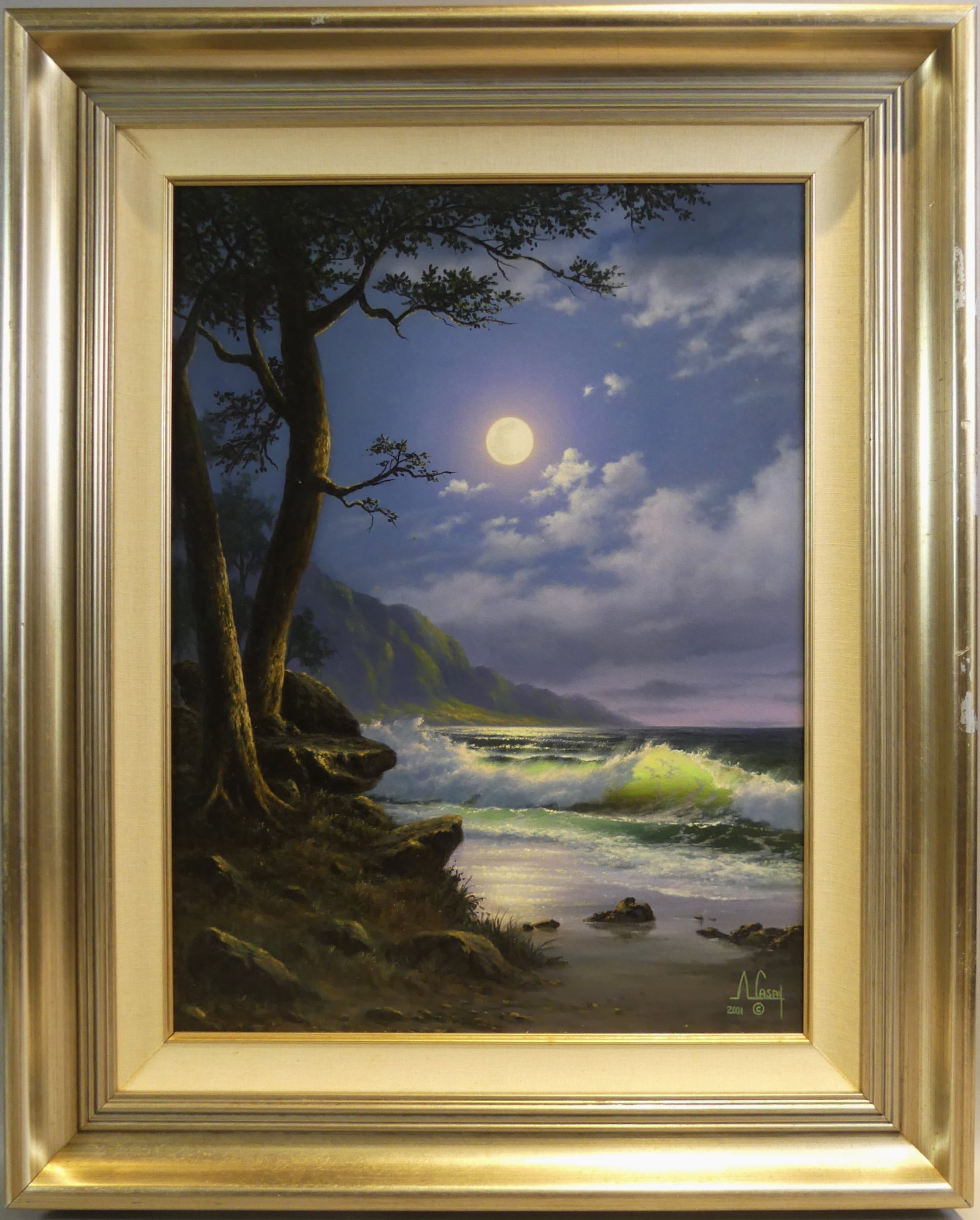 A. CASAY MOONLIT SEASCAPE PAINTING: Fine oil seascape painting on canvas of a moonlit ocean shoreline with cliffs. Signed A. Casay 2001. Size: 24 x 18 in, framed 32 x 25 in. Excellent condition. (Anthony Casay 1942-2010 Texas artist)