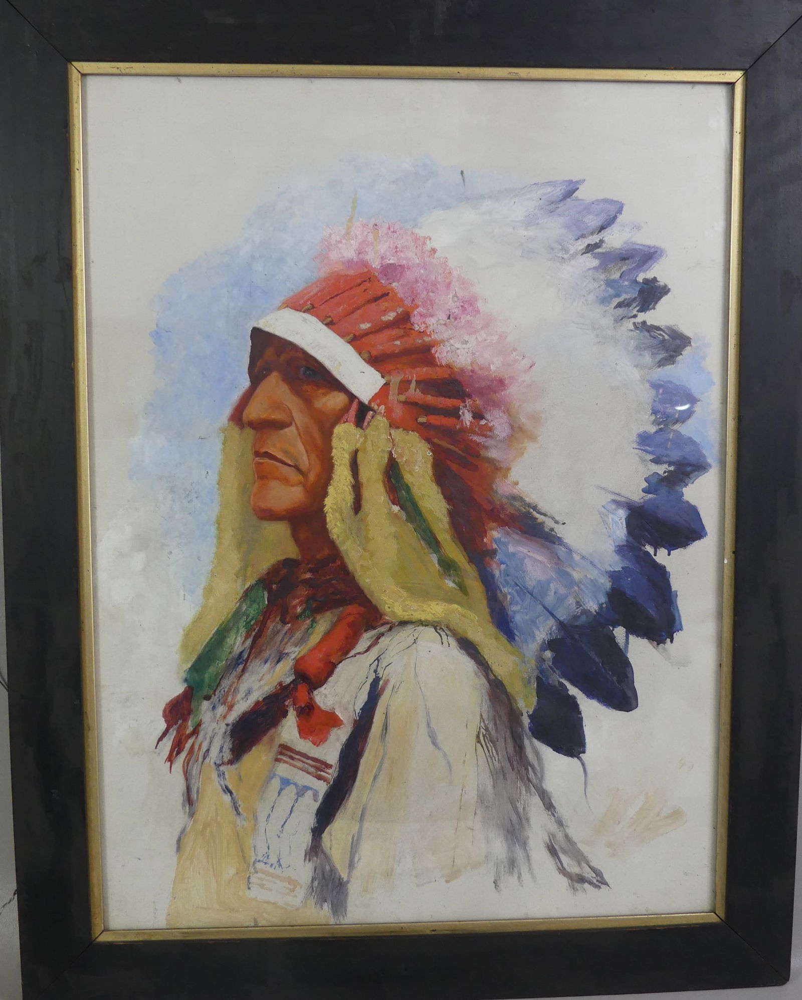 INDIAN PORTRAIT ATTR. DAVID MANN: Antique mixed media portrait of an Indian chief attributed to David Mann, unsigned. 23.5 x 17.5 in sight size, framed 28 x 22 in. (David Mann b. 1948 Utah artist known for Native American subjects).