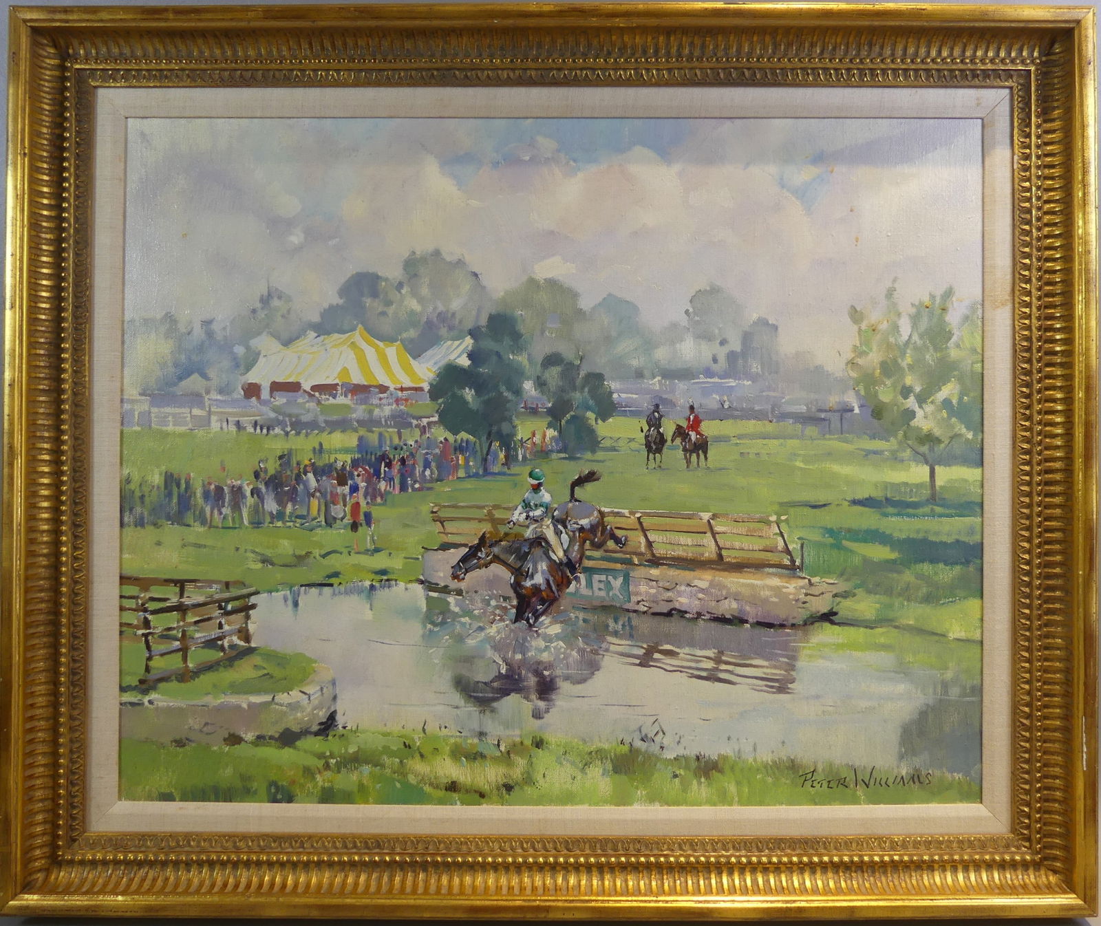 PETER WILLIAMS STEEPLE CHASE PAINTING: Oil painting of a steeple chase scene signed Peter Williams, 24 x 30 in, framed 30 x 36 in. (Peter Williams 1934-2018 NY/New Zealand artist noted for impressionist horse race scenes)