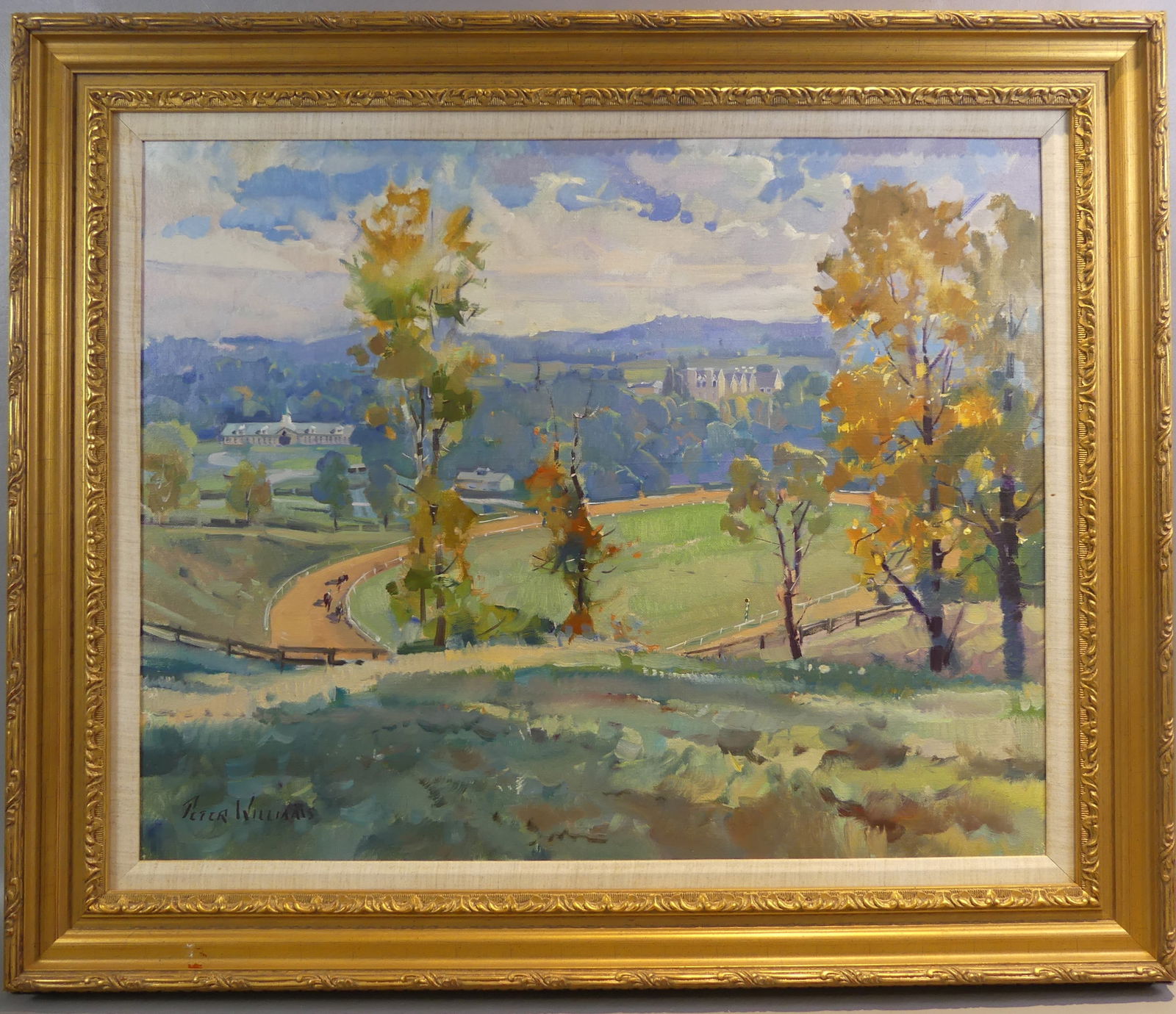 PETER WILLIAMS PAINTING - RACE COURSE IN COUNTRY: Oil painting on canvas of an English countryside with race course and jockeys signed Peter Williams. 24 x 30, framed 31 x 37 in. (Peter Williams 1934-2018 NY/New Zealand artist noted for impressionist