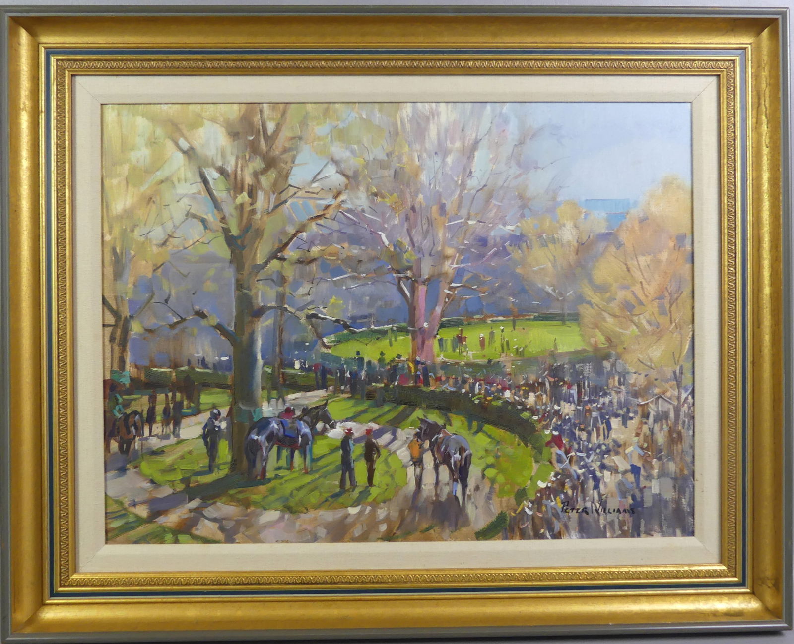 PETER WILLIAMS HORSE PARK PAINTING: Oil on canvas depicting a park with horses and many figures, possibly Saratoga Springs. 18 x 24 in, framed 24 x 30 in. (Peter Williams 1934-2018 NY/New Zealand artist noted for impressionist horse rac